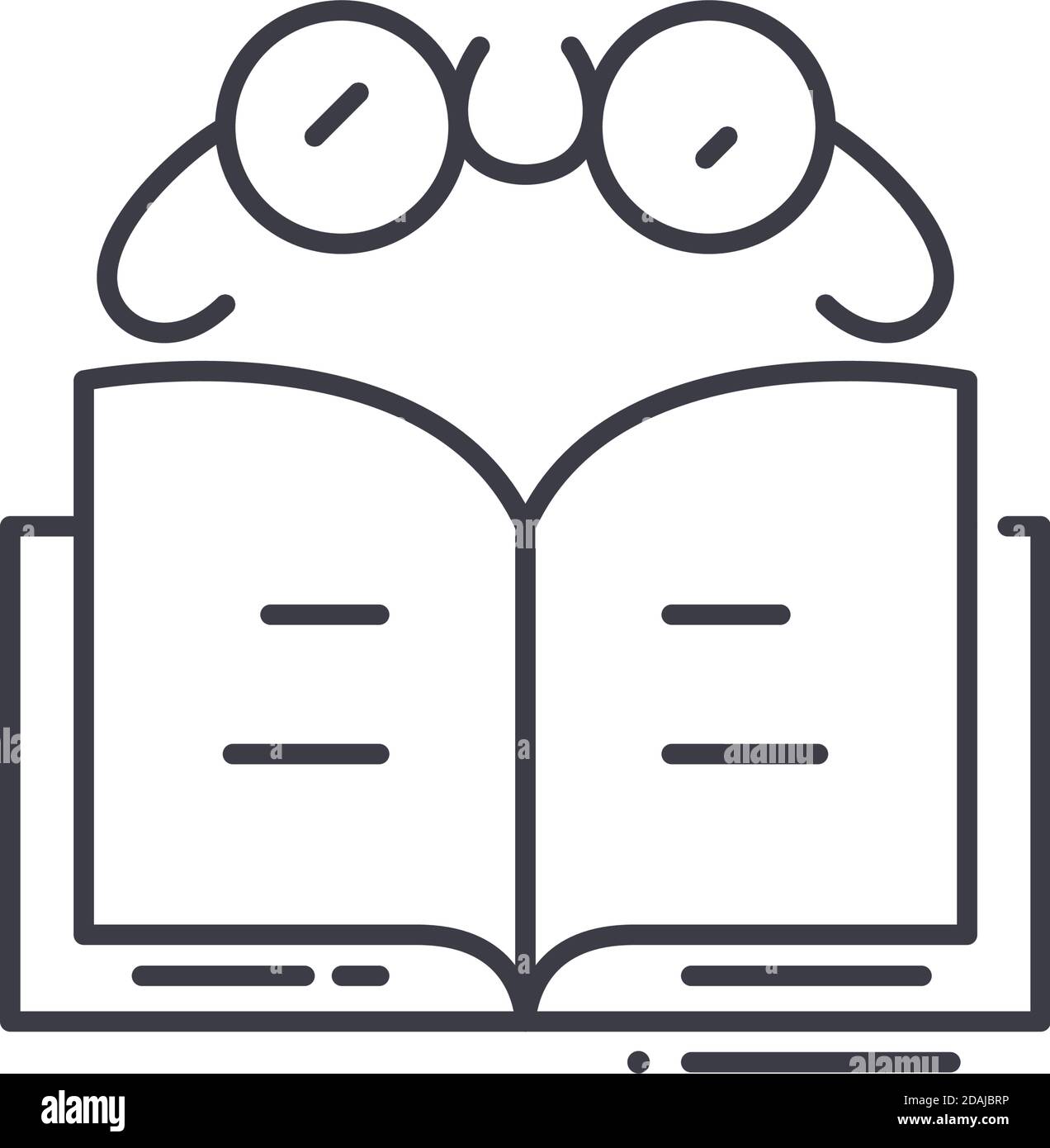 Icône de recherche de livre, illustration isolée linéaire, vecteur ligne mince, signe de conception de Web, symbole de concept de contour avec contour modifiable sur fond blanc. Illustration de Vecteur