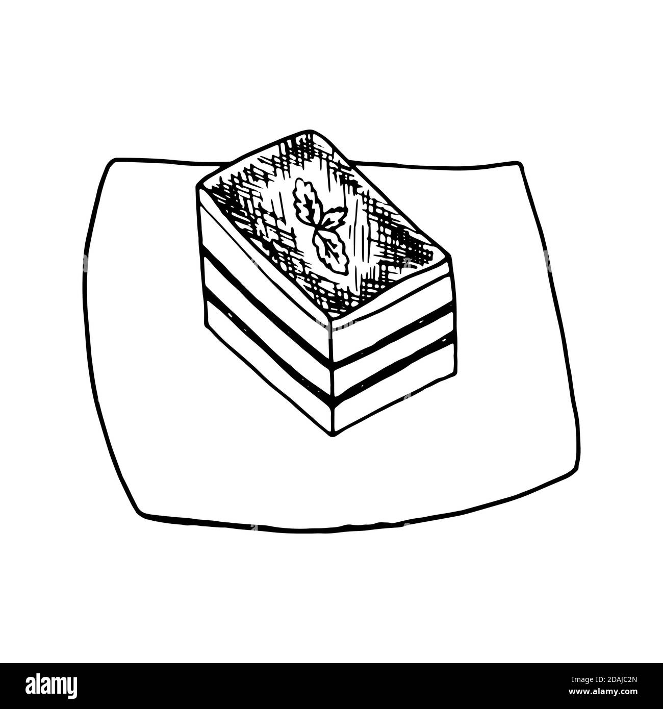 Tiramisu cuisine italienne traditionnelle. Style d'esquisse dessiné à la main. Illustration vectorielle isolée sur fond blanc pour le menu du restaurant et la conception du forfait, p Illustration de Vecteur