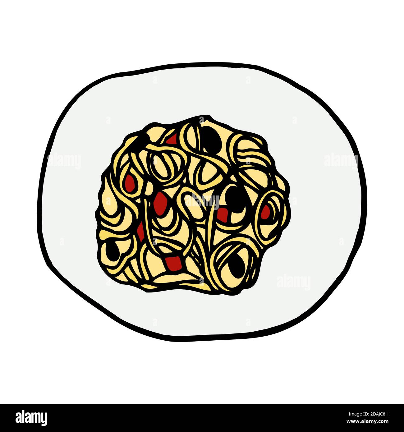 Spaghetti cuisine traditionnelle italienne. Style d'esquisse dessiné à la main. Illustration vectorielle colorée isolée sur fond blanc pour le menu et le forfait du restaurant Illustration de Vecteur