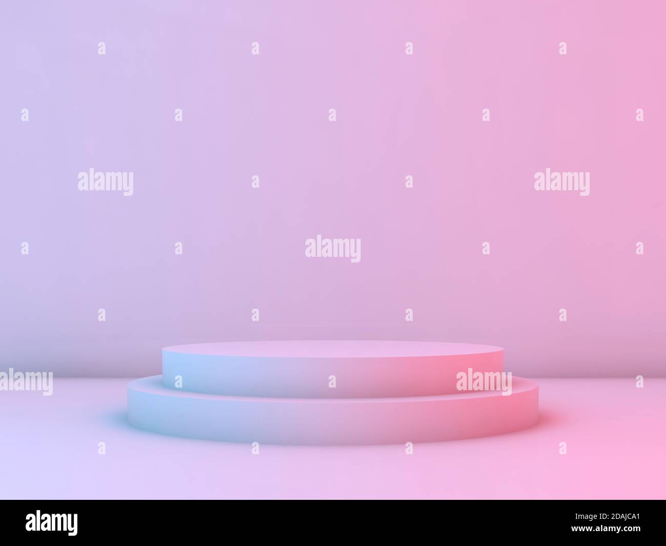 Le podium cylindrique blanc vide est dans un intérieur vierge avec un éclairage coloré. illustration du rendu 3d Banque D'Images