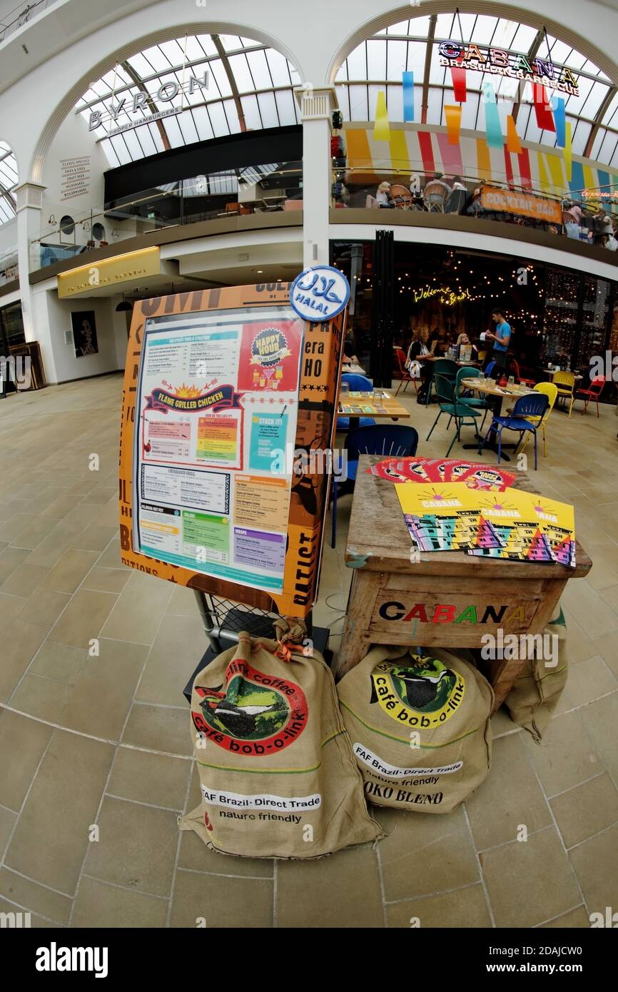 Le restaurant Cabana. Cuisine brésilienne dans le Corn Exchange de Manchester situé à côté de Exchange Square près de la cathédrale et du musée du football. Banque D'Images