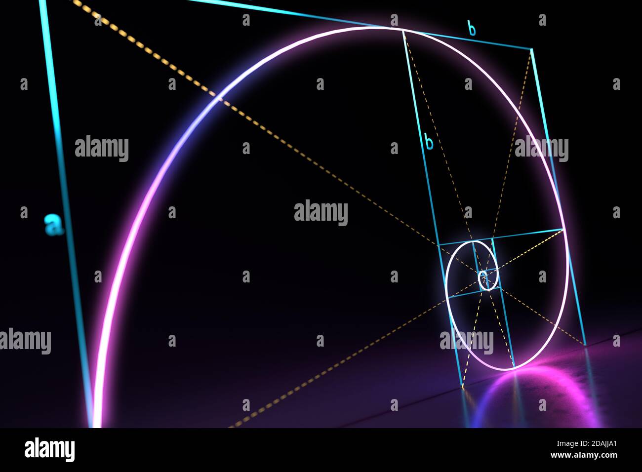 Fibonacci Golden ratio spirale sur fond noir. Illustration de rendu 3D. Banque D'Images