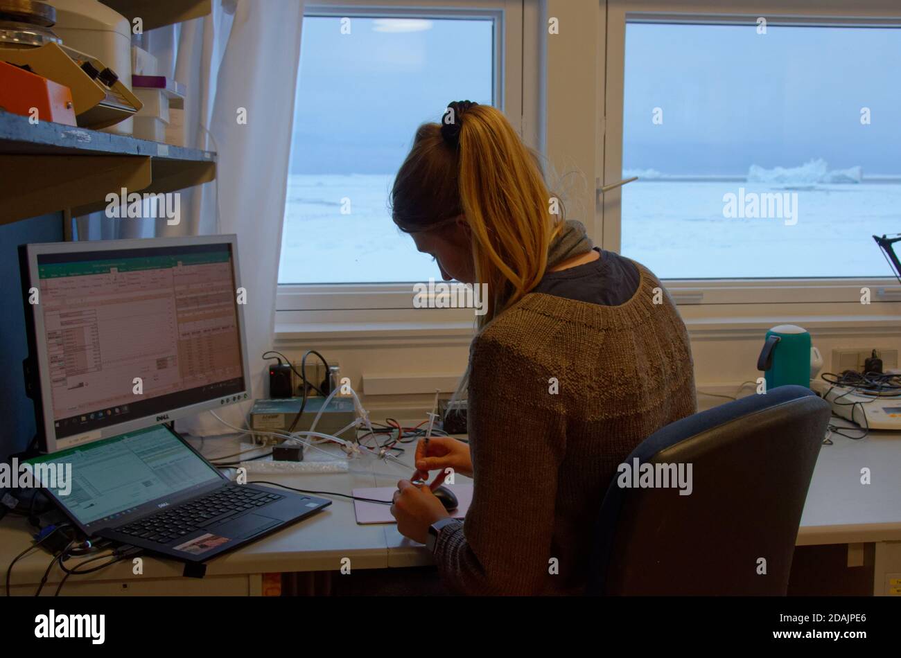 Fille faisant la science dans l'arctique Banque D'Images
