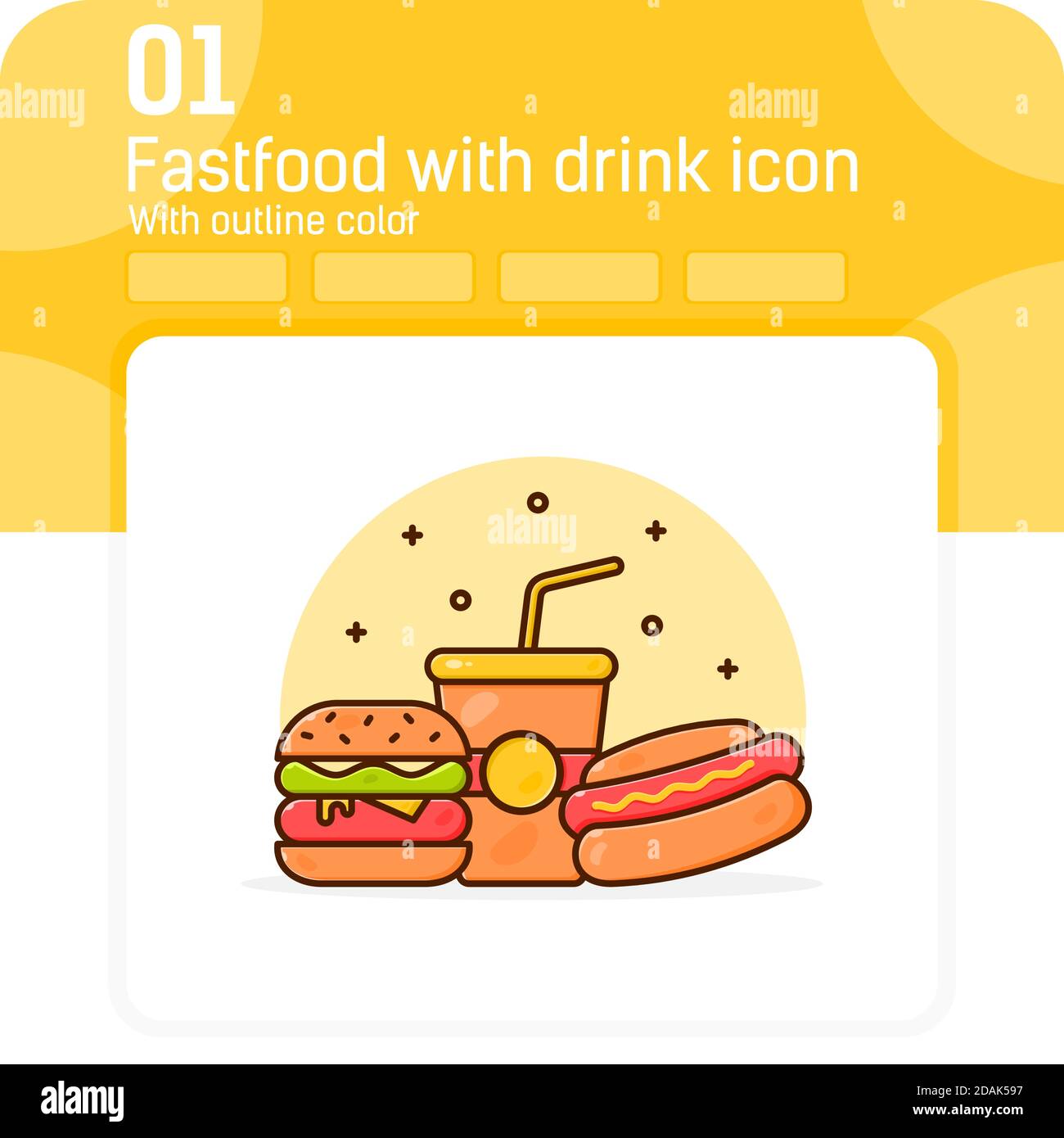 En-cas de restauration rapide avec icône en forme de boisson non alcoolisée de qualité supérieure avec style de couleur de contour isolé sur fond blanc. Illustration vectorielle symbole de l'icône du symbole du sac à encas Illustration de Vecteur