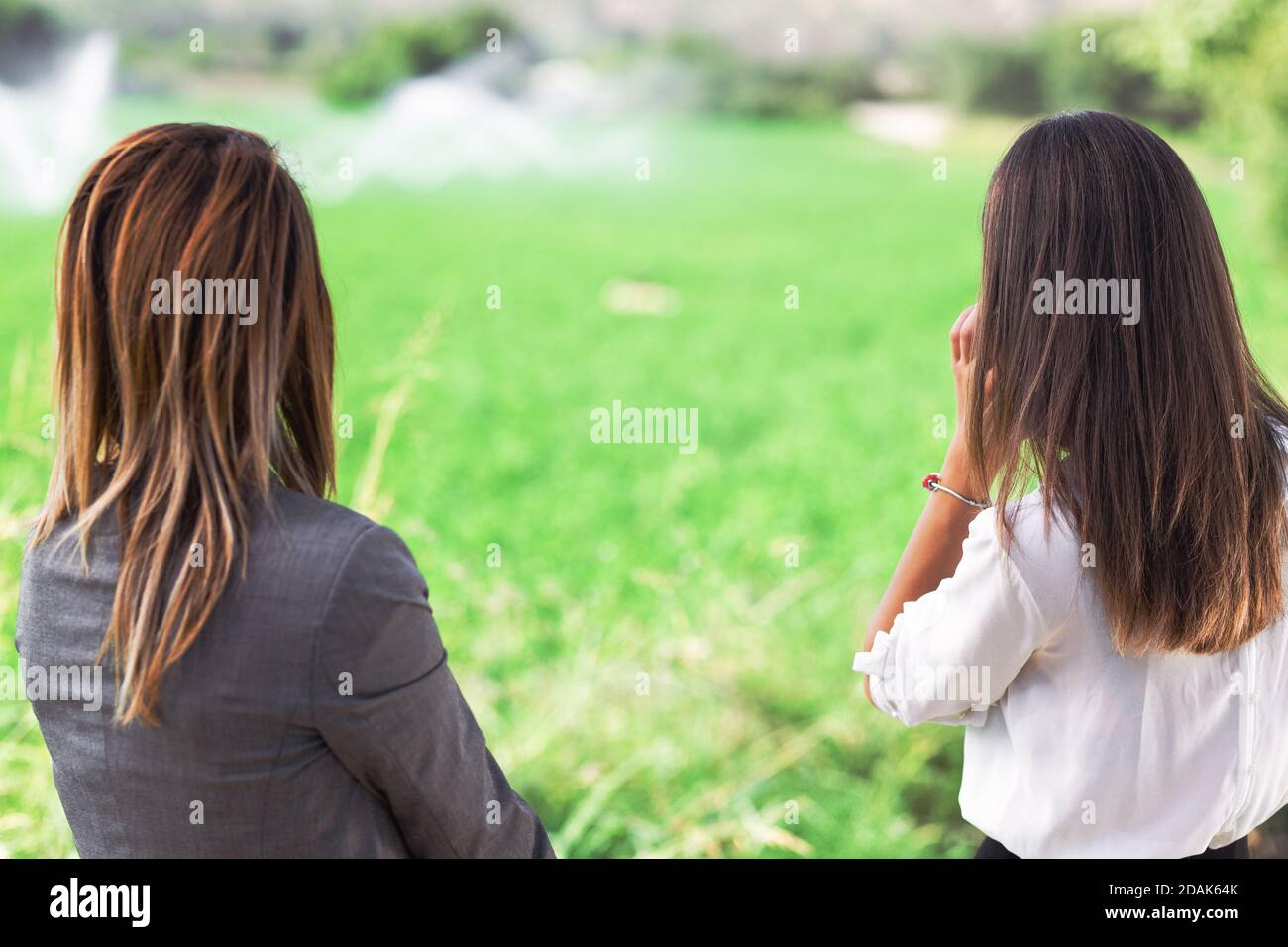 Deux femmes d'affaires devant un champ avec système d'irrigation agricole. Arroseurs d'eau en arrière-plan. Banque D'Images
