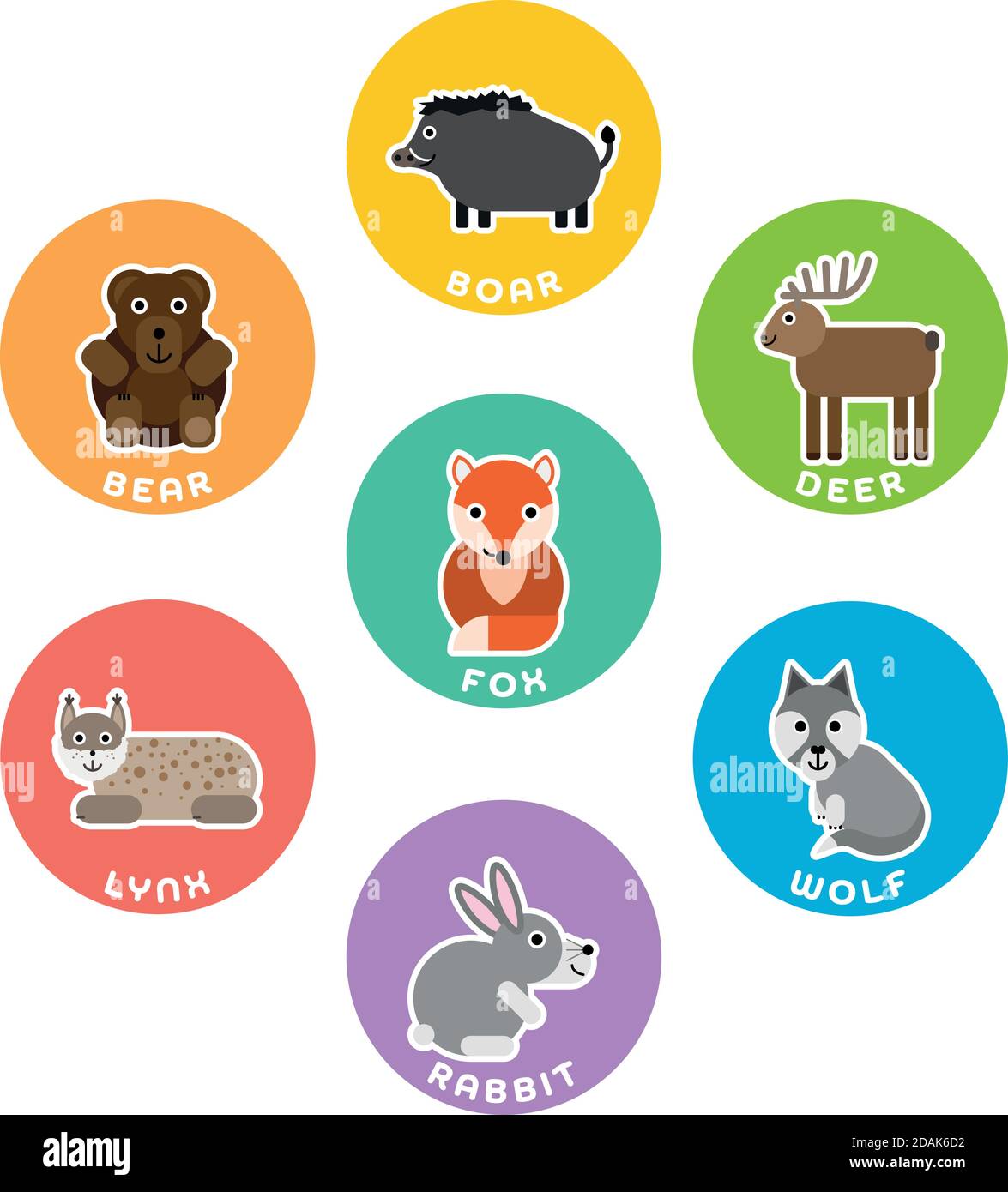 Collection d'animaux sauvages de la forêt. Jeu de 7 caractères de dessin animé dans le cercle avec des étiquettes de nom. Illustration vectorielle. Illustration de Vecteur