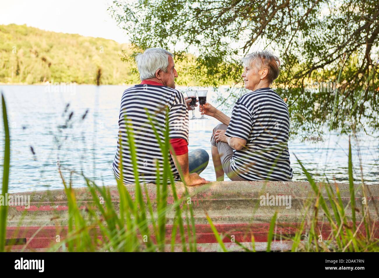 Couple heureux de personnes âgées au lac tout en toaster leur anniversaire avec un verre de vin rouge Banque D'Images