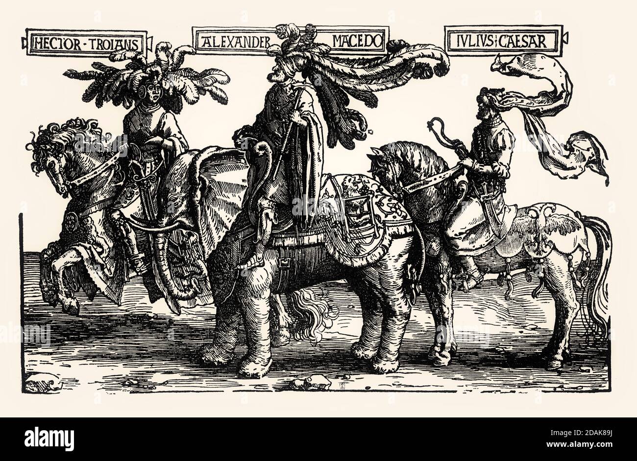 Les neuf héros, Hector de Troie, Alexandre de Macédonie, Jules César, c. 1520, par Lucas van Leyden, télécopie du XIXe siècle Banque D'Images