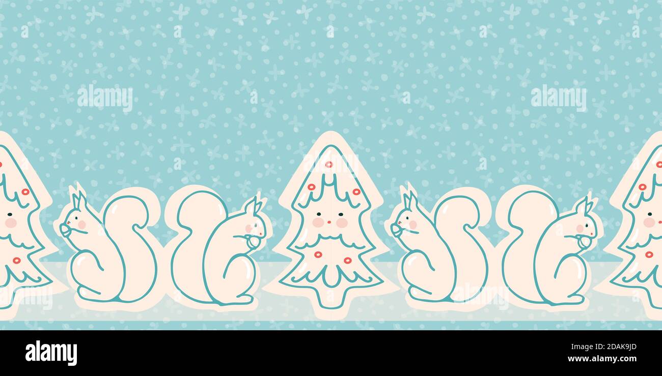 Bordure sans couture d'un joli arbre de noël kawaii. Motif vectoriel en ligne dessiné à la main avec écureuil sur fond bleu enneigé. Nourriture, emballage, emballage cadeau. Forme moderne. Idéal pour vos fêtes de famille. Illustration de Vecteur