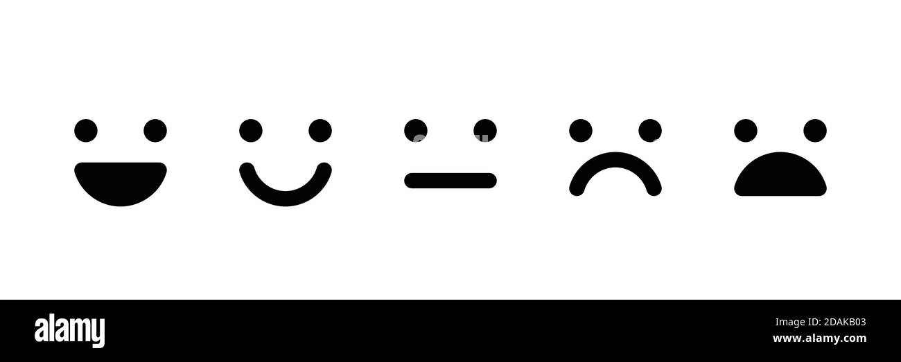 Émoticônes de base définies. Cinq expressions faciales de la rétroaction - de positif à négatif. Icônes vectorielles noires simples. Illustration de Vecteur