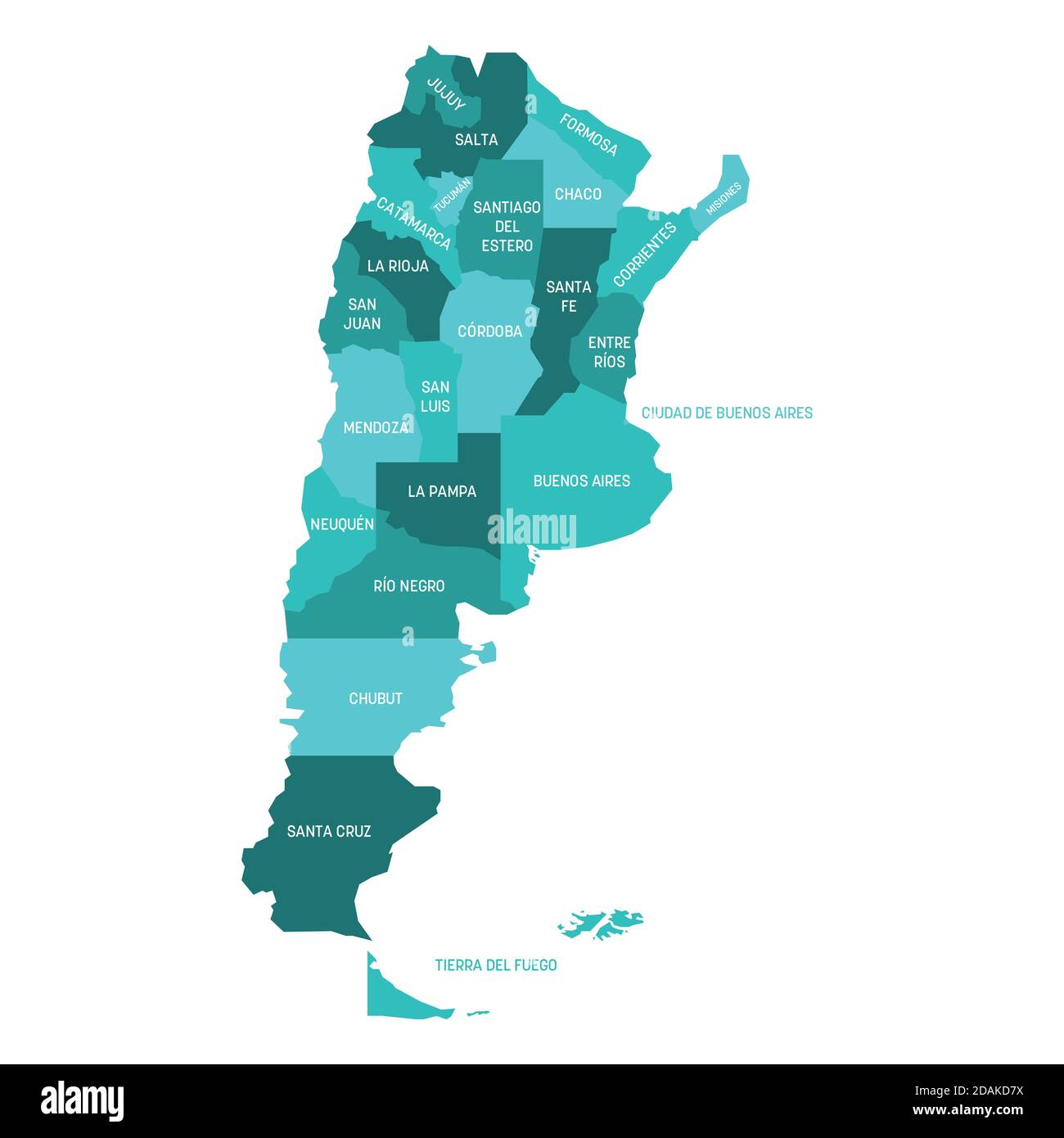 Carte politique bleu turquoise de l'Argentine. Divisions administratives - provinces. Carte vectorielle plate simple avec étiquettes. Illustration de Vecteur
