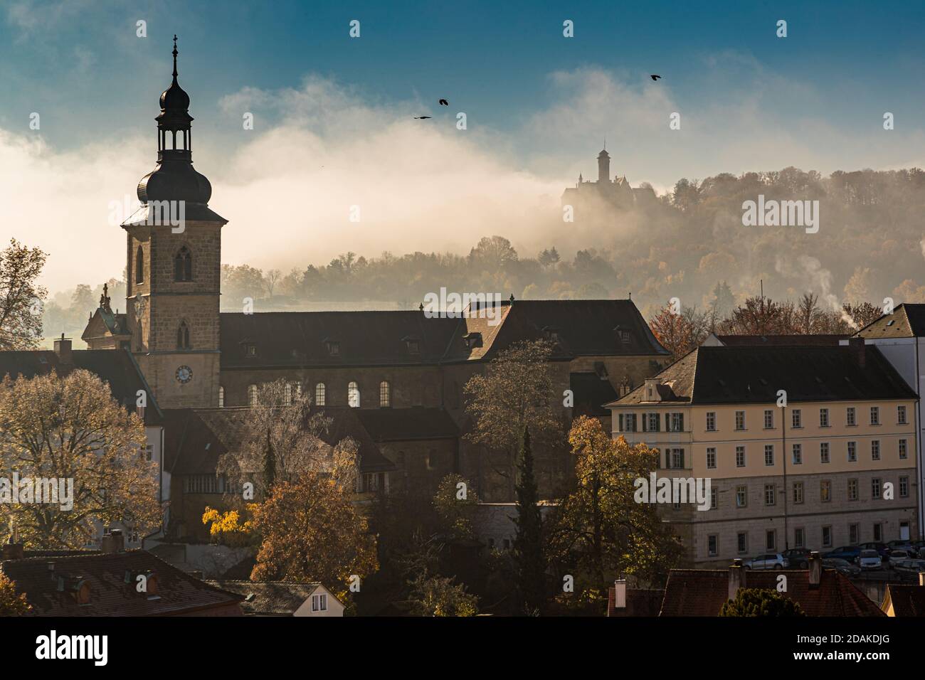 La tour de l'église, probablement faisant partie de l'église monastique Saint-Michel, s'élève au-dessus des toits automnaux de Bamberg, en Bavière, Allemagne ; à droite, flou dans le lointain, la tour du château d'Altenburg se dresse sur une colline boisée. Les revenus du vignoble historique au pied du Michelsberg, relancé en 2009, financent la restauration de l'ancienne abbaye bénédictine Saint-Michel. Altenburg a été la résidence des princes-évêques de Bamberg de 1305 à 1553. Banque D'Images