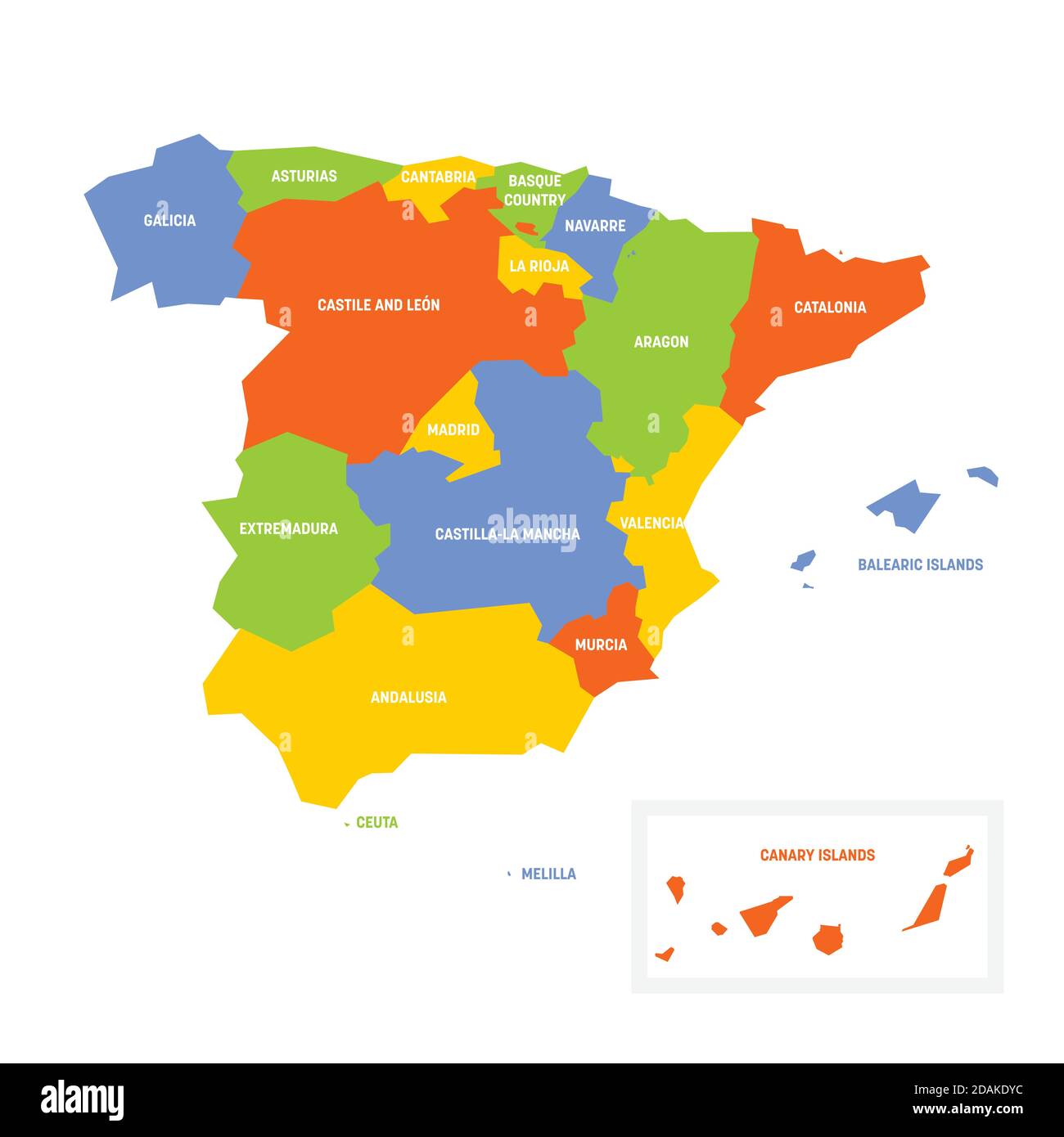 Carte politique rose de l'Espagne. Divisions administratives - communautés autonomes. Carte vectorielle plate simple avec étiquettes. Illustration de Vecteur