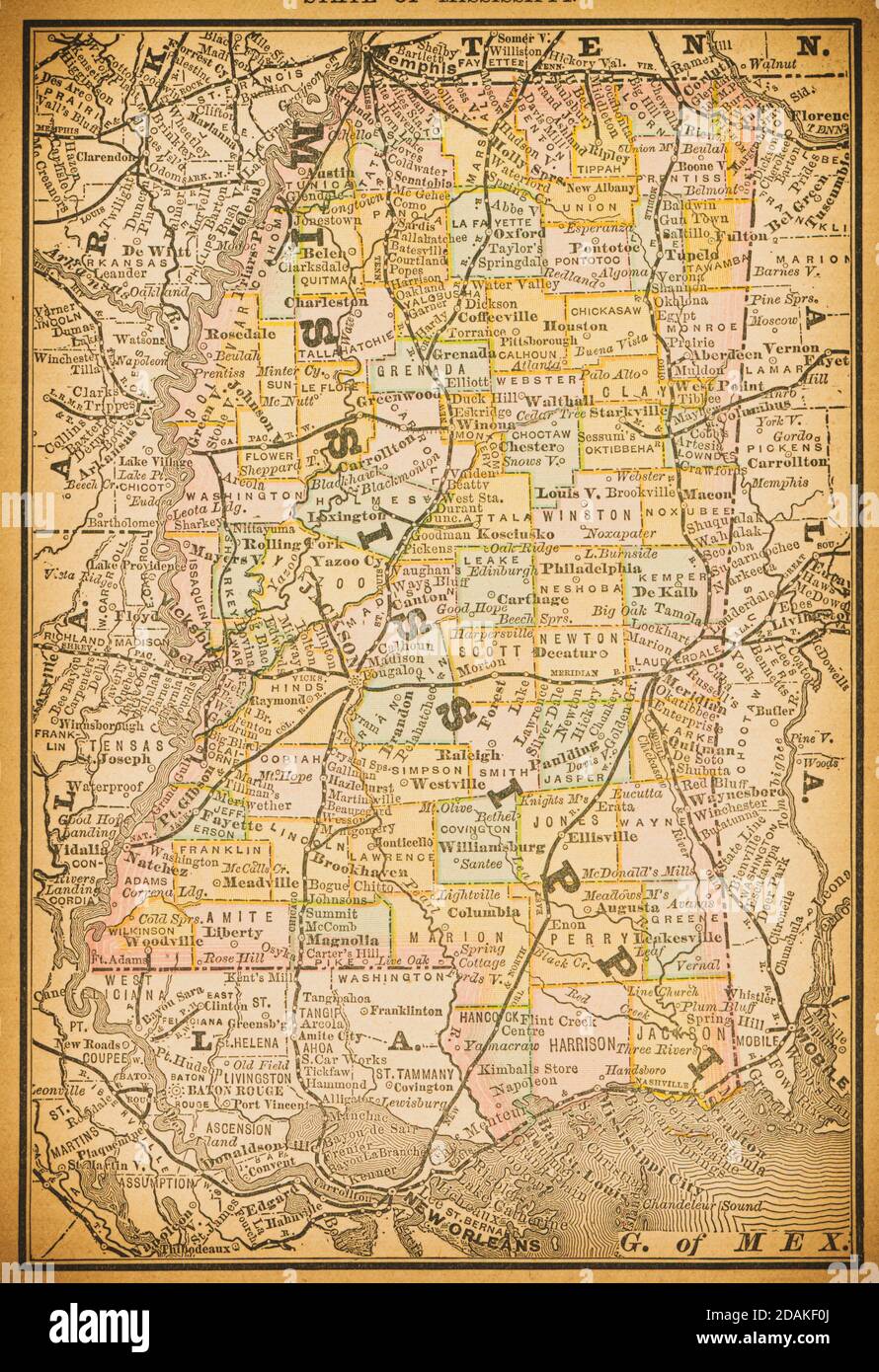 Carte du XIXe siècle de Missisippi. Publié dans nouvel Atlas du dollar des États-Unis et Dominion du Canada. (Rand McNally & Co's, Chicago, 1884). Banque D'Images