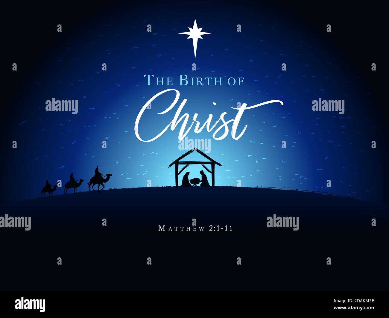 Scène de Noël de bébé Jésus dans la mangeoire avec Marie et Joseph en silhouette, entouré par l'étoile et trois sages sur les chameaux. La Nativité chrétienne Illustration de Vecteur