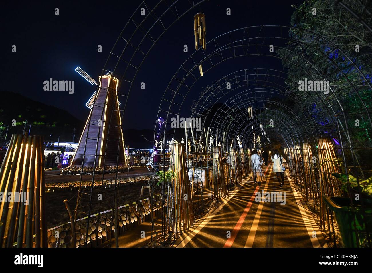 Hangzhou, province chinoise du Zhejiang. 13 novembre 2020. Les visiteurs visitent le couloir éclairé par des installations de bambou dans le village de Tangchang de la ville de Yongchang, Hangzhou, province de Zhejiang en Chine orientale, le 13 novembre 2020. Bénéficiant de riches ressources en bambou, Tangchang Village a organisé un spectacle de lumière vendredi soir, présentant diverses installations de lumière faites de bambous. Credit: Xu Yu/Xinhua/Alay Live News Banque D'Images