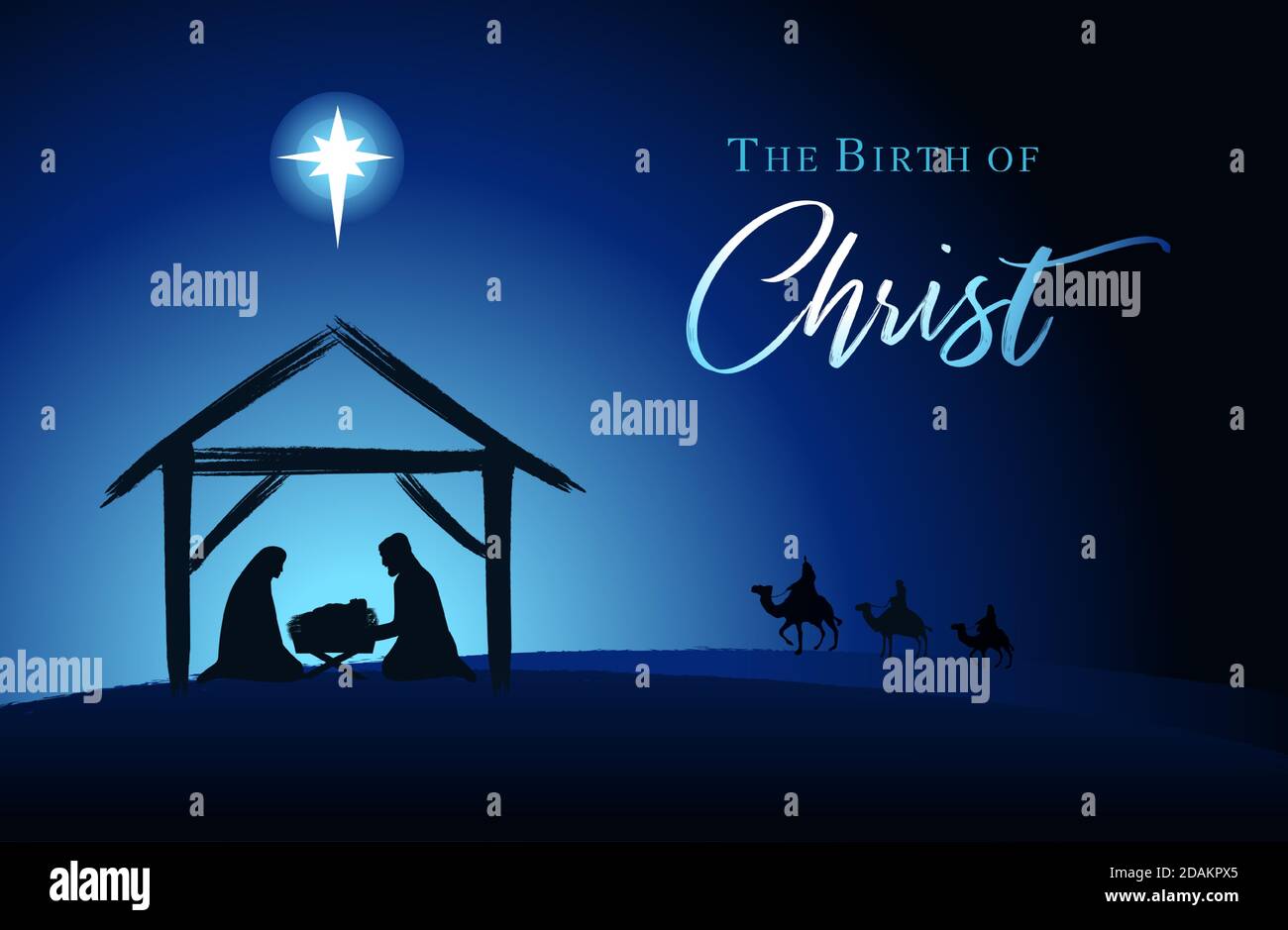 Scène de Noël de bébé Jésus dans la mangeoire avec Marie et Joseph en silhouette, étoile de Bethléem et trois rois sur chameaux. Nativité chrétienne avec texte Illustration de Vecteur