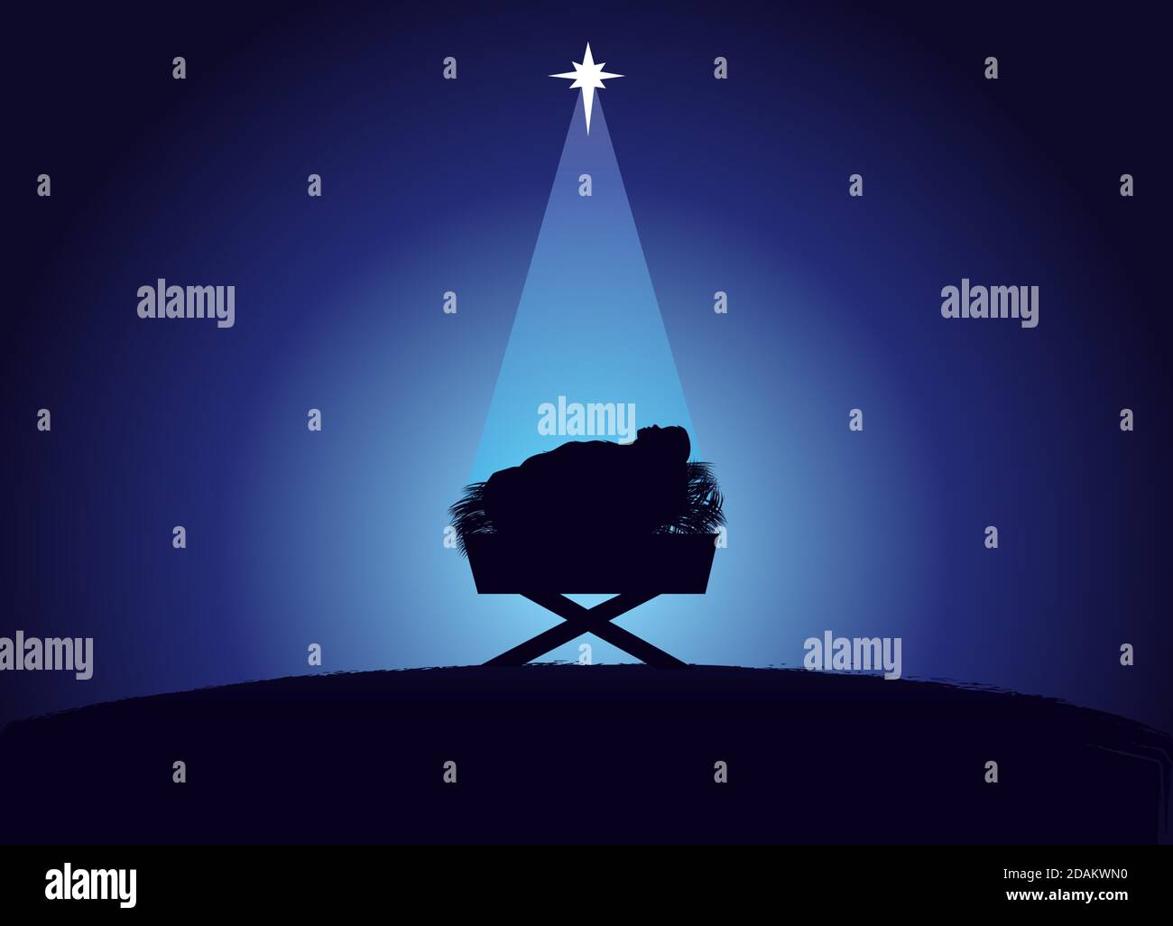 Scène de Noël de bébé Jésus dans la mangeoire en silhouette, entouré par la lumière de l'étoile. Carte de voeux de la Nativité chrétienne avec illustration de la naissance de CH Illustration de Vecteur