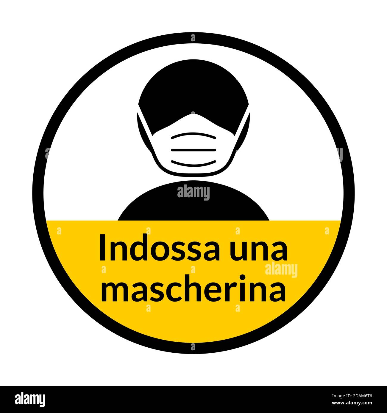 Indossa una mascherina (« Wear a visage Mask » en italien) autocollant d'avertissement rond. Image vectorielle. Illustration de Vecteur