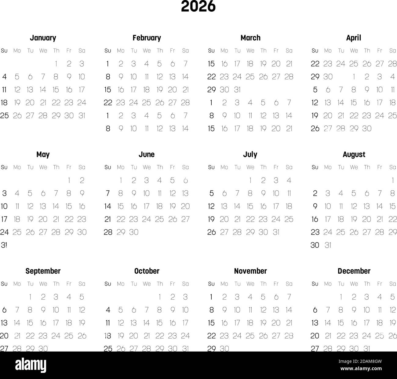 Calendrier mensuel de l'année 2026. La semaine commence le dimanche