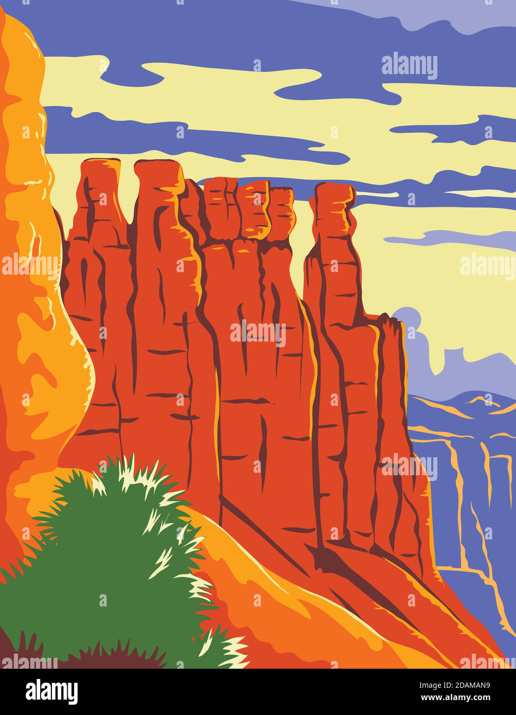 L'art de l'affiche WPA du parc national de Bryce Canyon, un amphithéâtre naturel sculpté dans le bord du haut plateau dans l'Utah États-Unis fait dans le projet de travaux Illustration de Vecteur