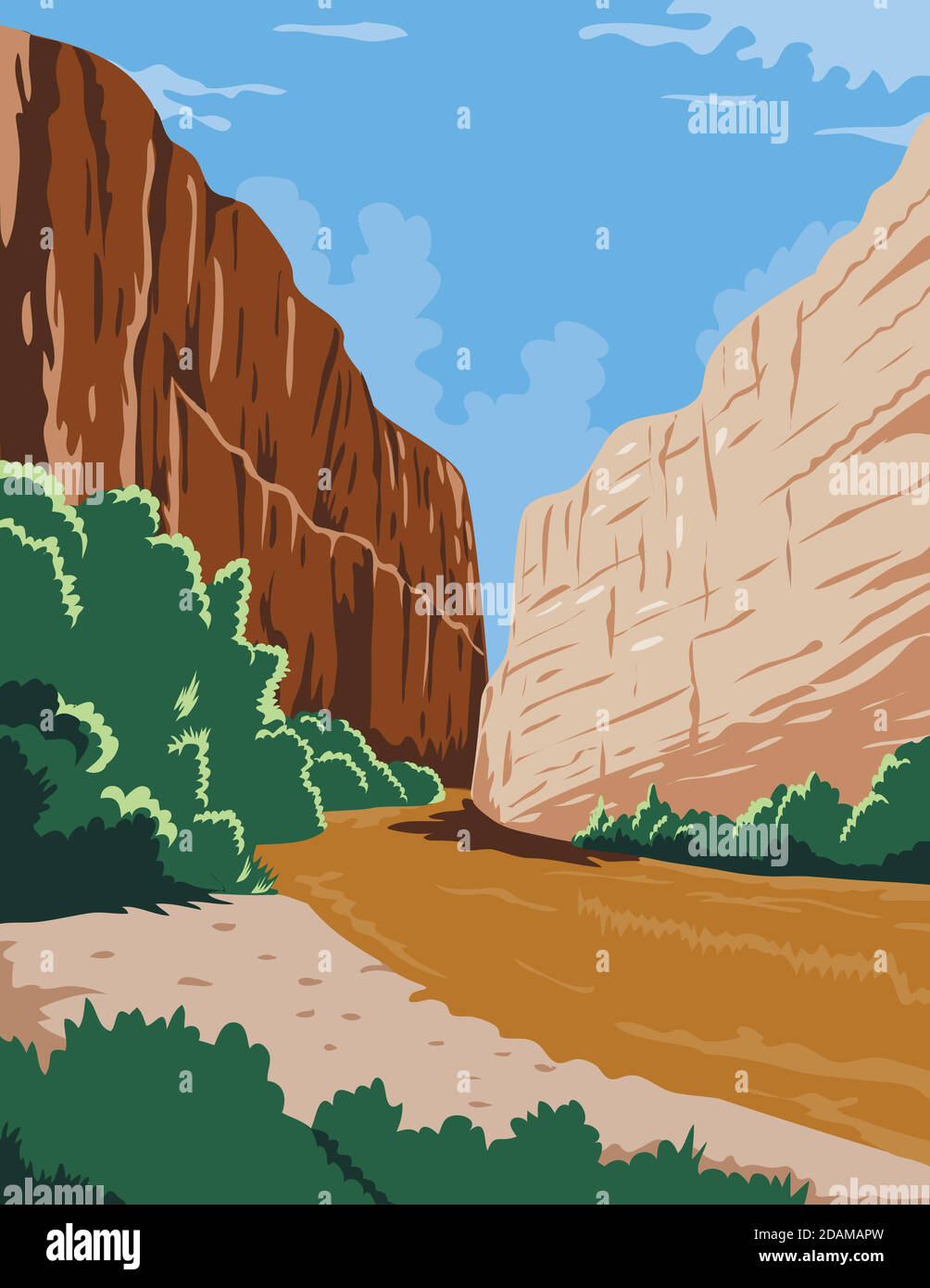 L'art de l'affiche WPA du parc national de Big Bend, un grand virage à Rio Grande R’o Bravo situé dans le désert de Chihuahuan, Texas, États-Unis fait en travaux pr Illustration de Vecteur