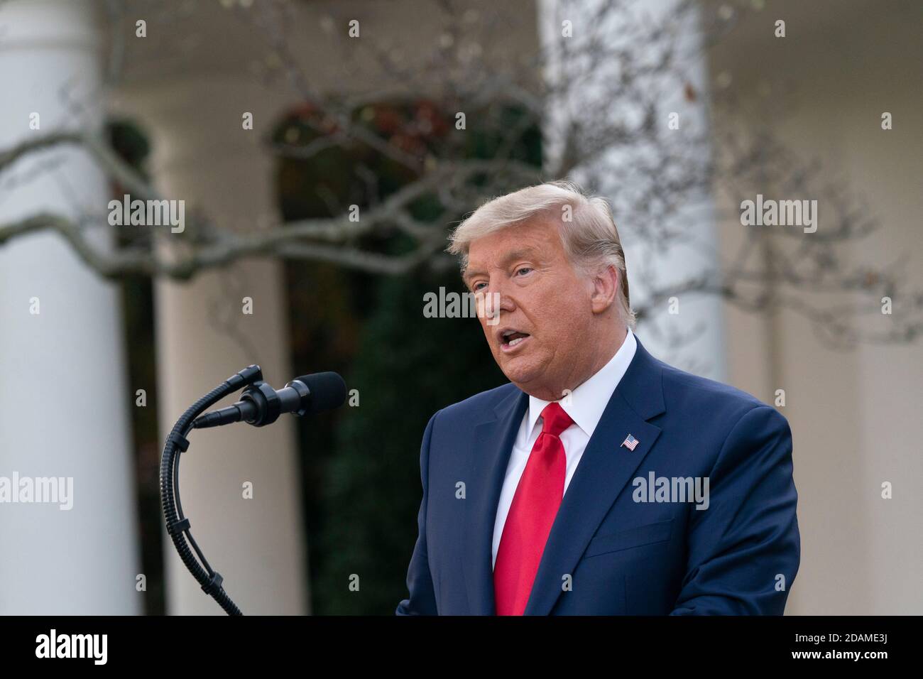 Le président des États-Unis, Donald J. Trump, fait le point sur l'opération Warp Speed lors d'une conférence de presse dans le jardin des roses de la Maison Blanche à Washington, DC, le vendredi 13 novembre 2020. OWS est un partenariat public-privé, initié par l'administration Trump, pour faciliter et accélérer le développement, la fabrication et la distribution de vaccins, de produits thérapeutiques et de diagnostics COVID-19. Credit: Chris Kleponis/Pool via CNP | usage dans le monde entier Banque D'Images