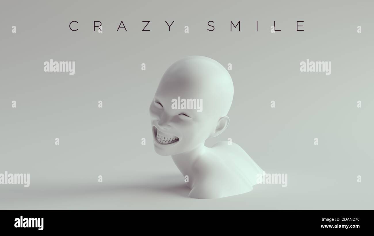 Non binaire Crazy Smile femelle blanc buste tête arrière et Illustration 3d vue de face des épaules Banque D'Images