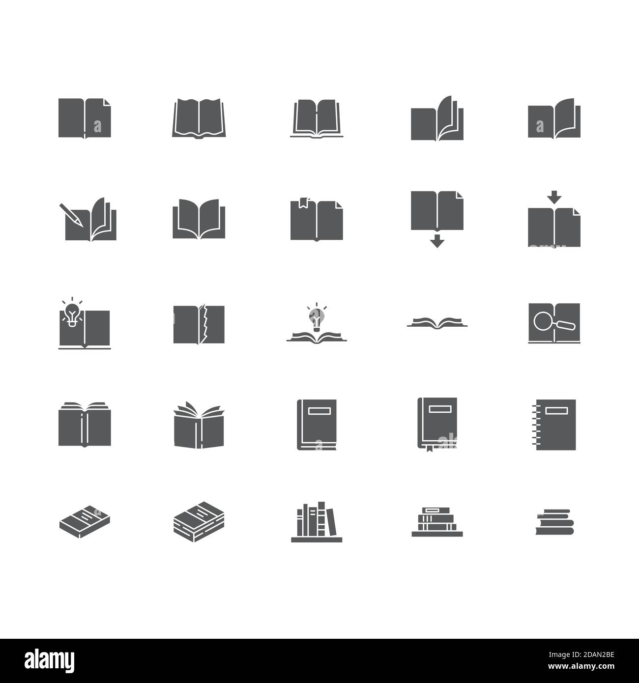 Livres icônes ensemble. Collection de symboles de style linéaire, paquet de panneaux de contour. Graphiques vectoriels. L'ensemble inclut des icônes comme page de livre ouverte avec signet, manuel, n Illustration de Vecteur