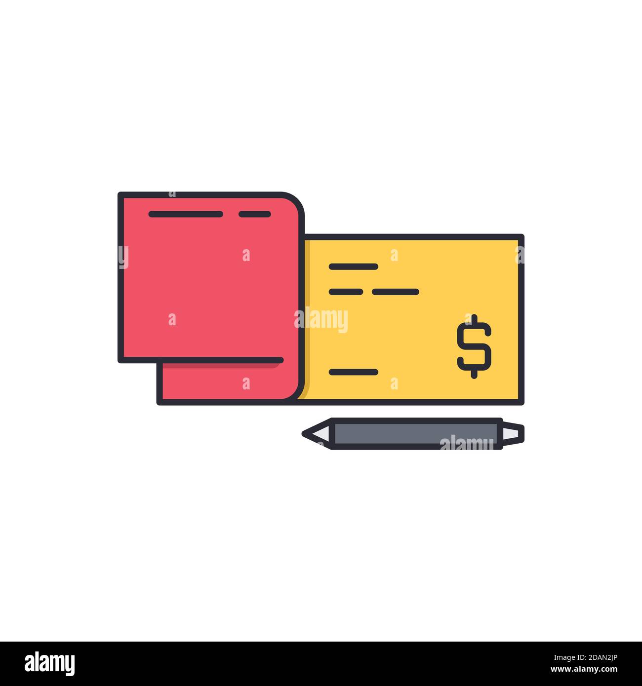 Icône de carnet de chèques et de stylo, couleur, ligne, contour du signe vectoriel, pictogramme de style linéaire isolé sur blanc. Symbole, illustration du logo. Contour modifiable. Pixel Illustration de Vecteur