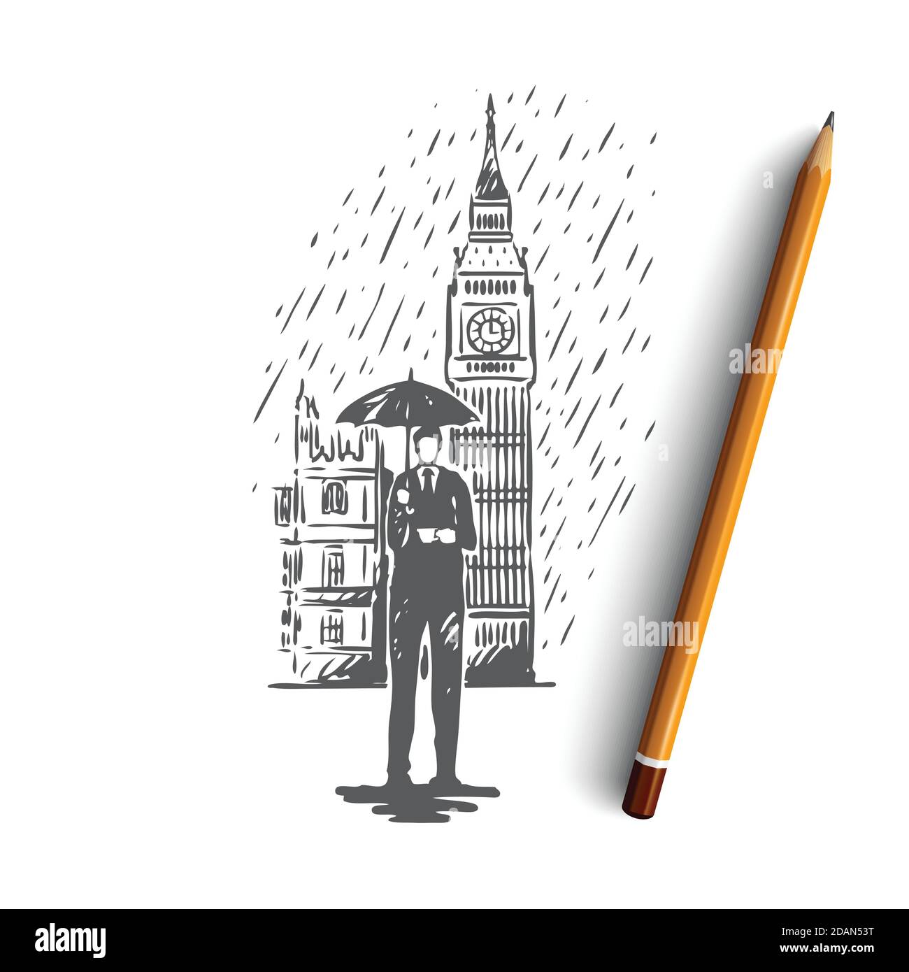 Royaume-Uni, Angleterre, tour, pluie, concept de Grande-Bretagne. Vecteur isolé tracé à la main. Illustration de Vecteur