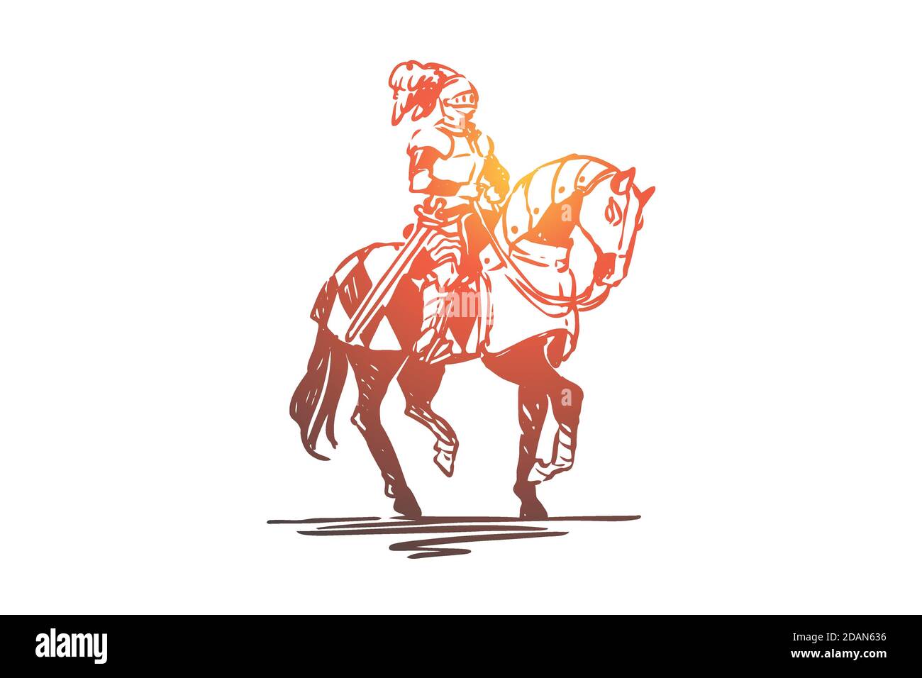 Chevalier, cheval, médiéval, caractère, armure concept. Vecteur isolé tracé à la main. Illustration de Vecteur