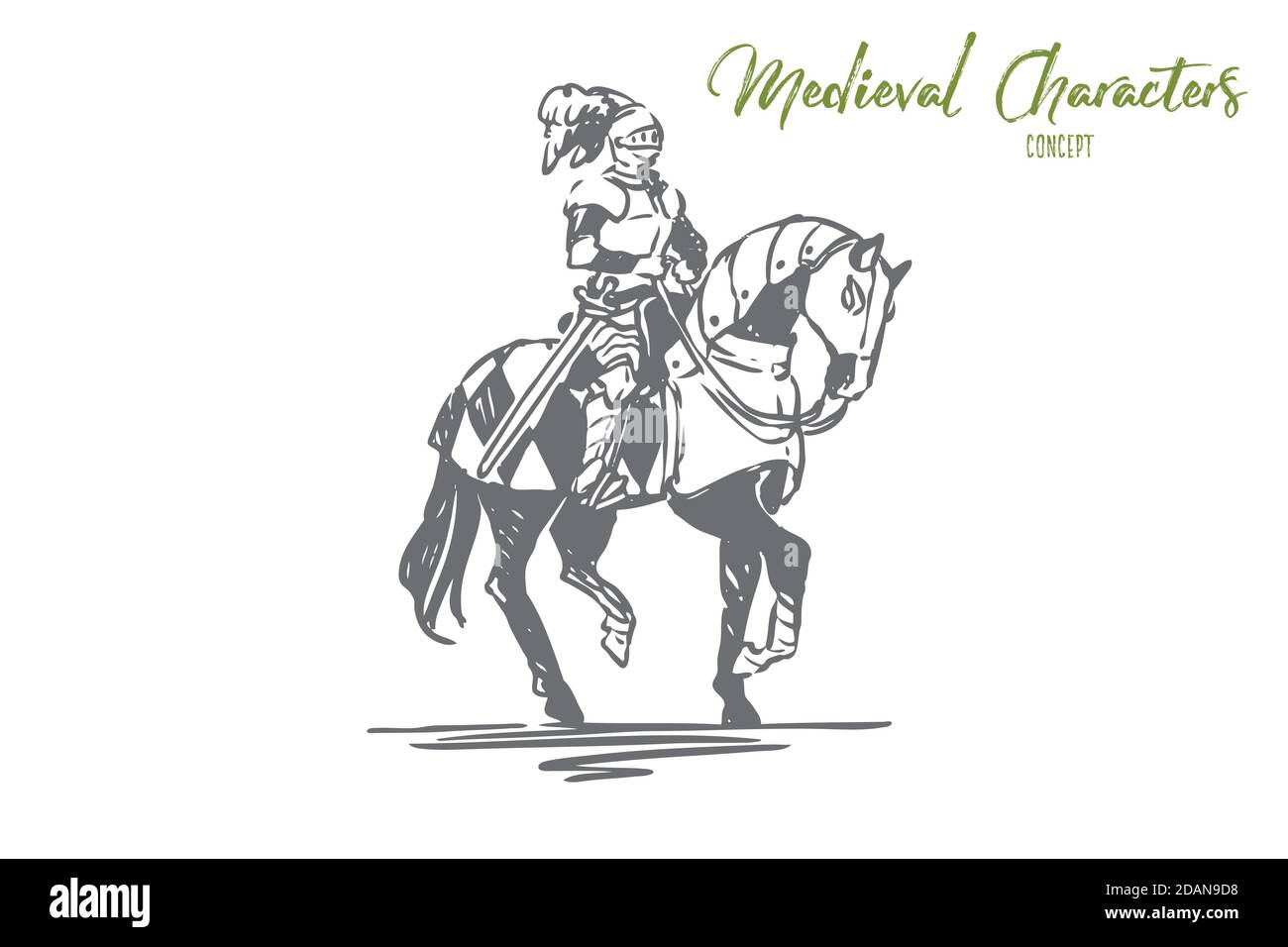 Chevalier, cheval, médiéval, caractère, armure concept. Vecteur isolé tracé à la main. Illustration de Vecteur