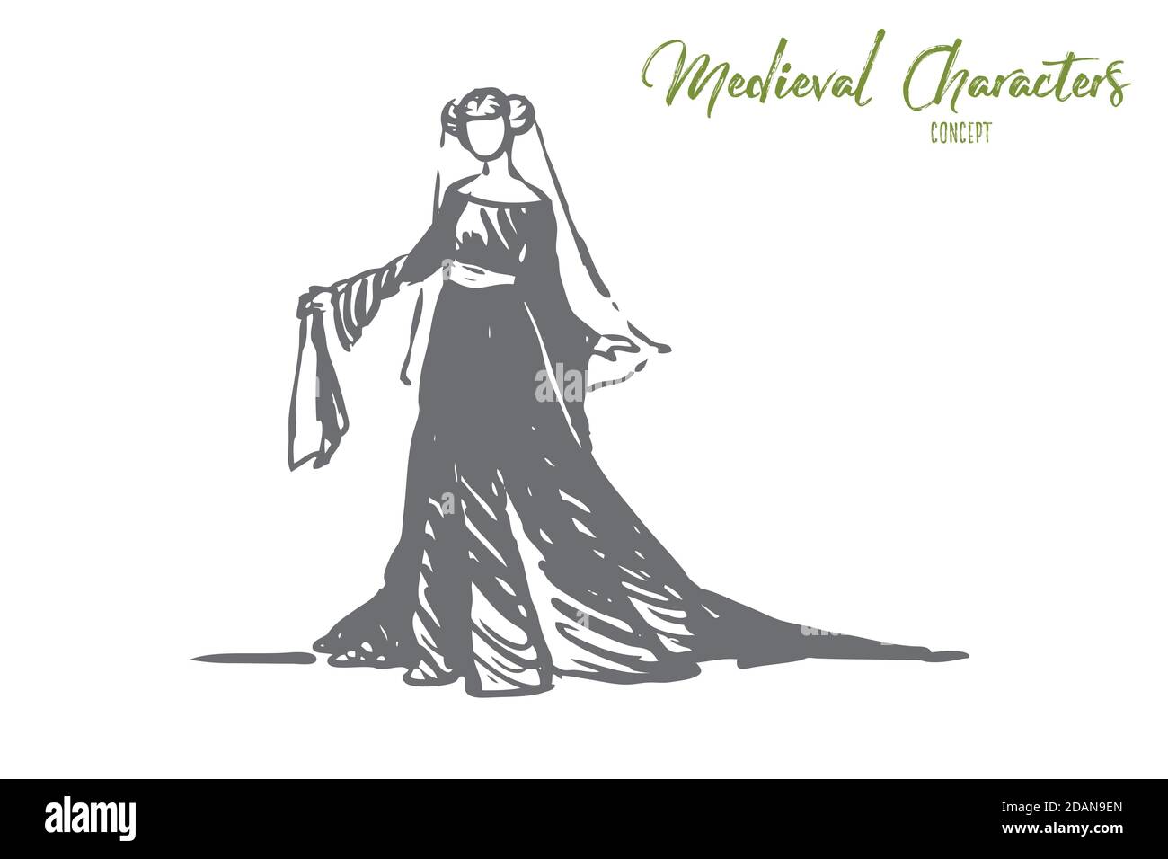 Femme, robe, médiévale, élégante, concept de vêtements. Vecteur isolé tracé à la main. Illustration de Vecteur
