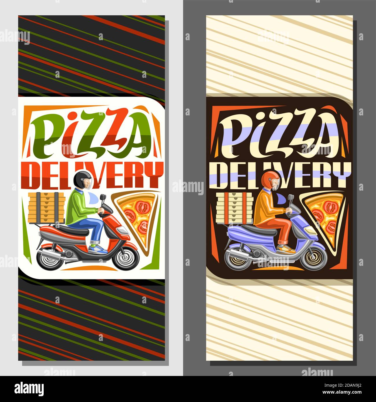 Mises en page vectorielles pour la livraison de pizza, illustration d'un service de coursier sur casque sur moto et d'une pizza margherita, panneau décoratif pour pizzer Illustration de Vecteur