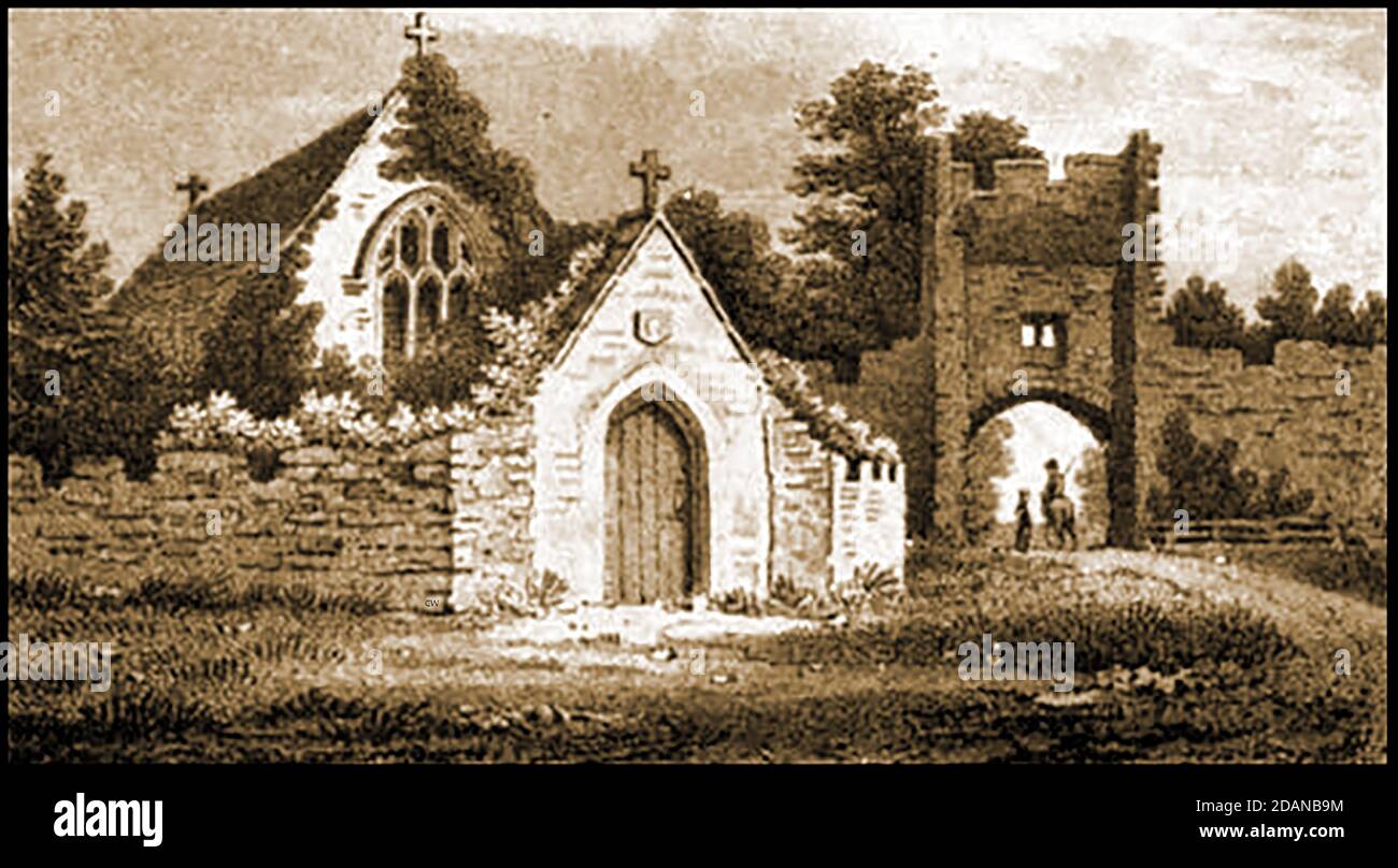 Une première gravure du château de Farleigh (alias château de Farleigh Hungerford, château de Farleigh ou château de Farley) Somerset, Royaume-Uni. Vue sur l'entrée de la porte et l'église voisine (chapelle Saint-Léonard). Le bâtiment a commencé au XIVe siècle Banque D'Images