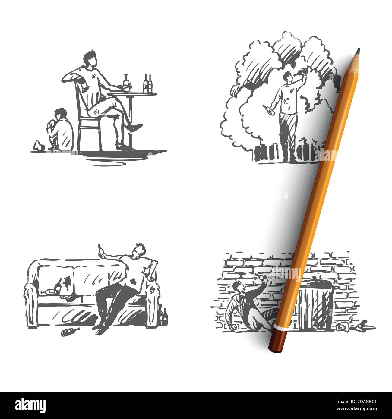 Alcoolisme - les hommes boivent de l'alcool à la maison et dans la rue ensemble de concepts vectoriels pour l'extérieur Illustration de Vecteur
