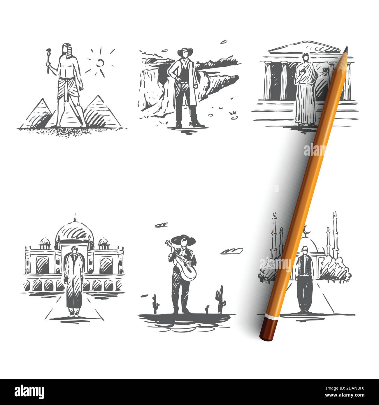 Pays - Égypte, Grèce, États-Unis, Turquie, Mexique, Inde ensemble de concepts vectoriels Illustration de Vecteur