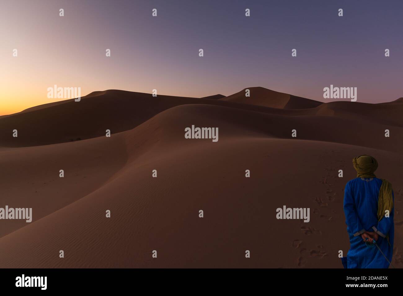 Berbère méconnaissable marchant dans un désert de rêve au crépuscule de l'aube. Dune du désert d'Erg Chigaga, aux portes du Sahara. Maroc. Concept de Banque D'Images