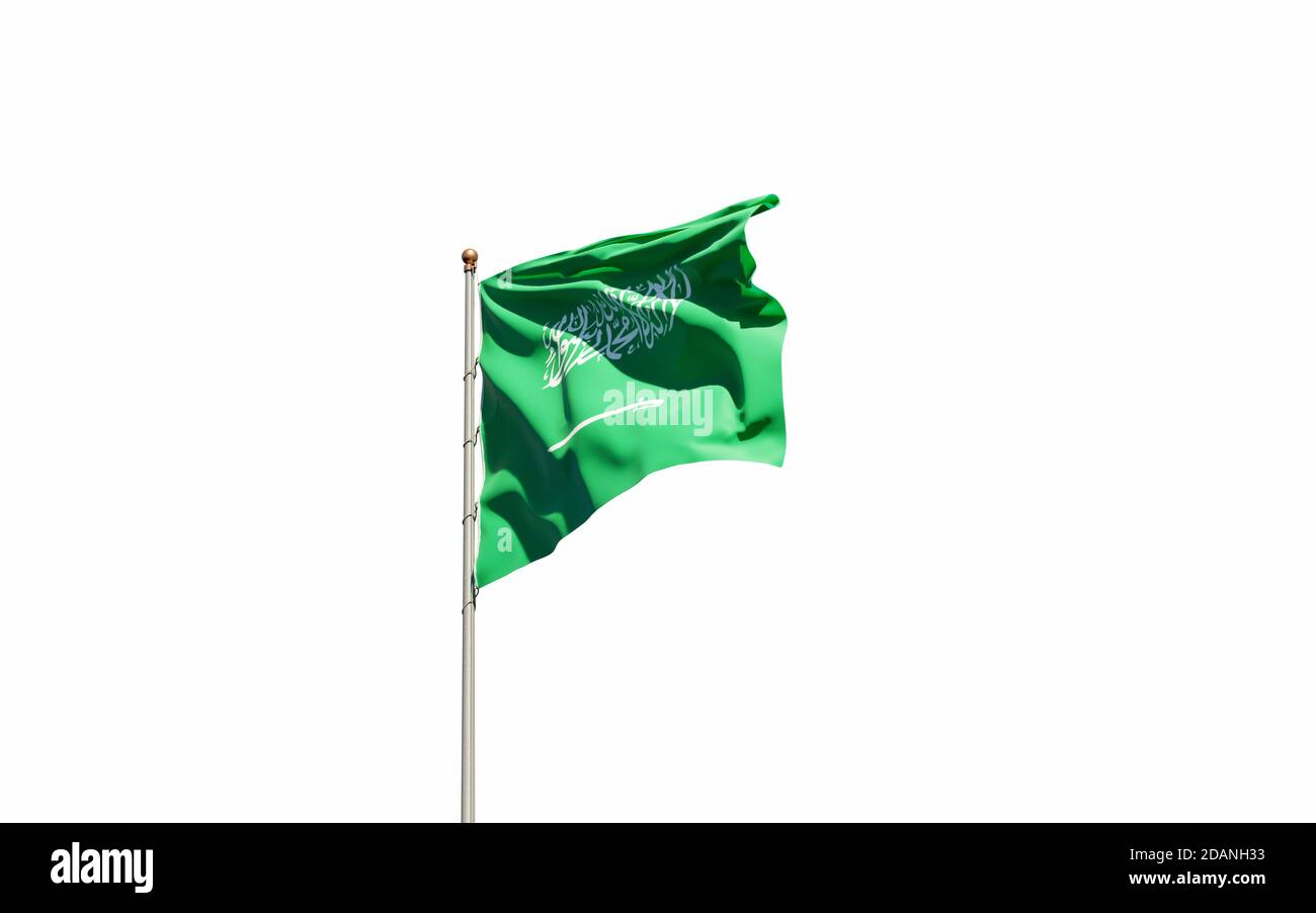 Magnifique drapeau national de l'Arabie Saoudite qui flotte sur fond de ciel. Gros plan à angle bas drapeau de l'Arabie Saoudite, illustration 3D. Banque D'Images