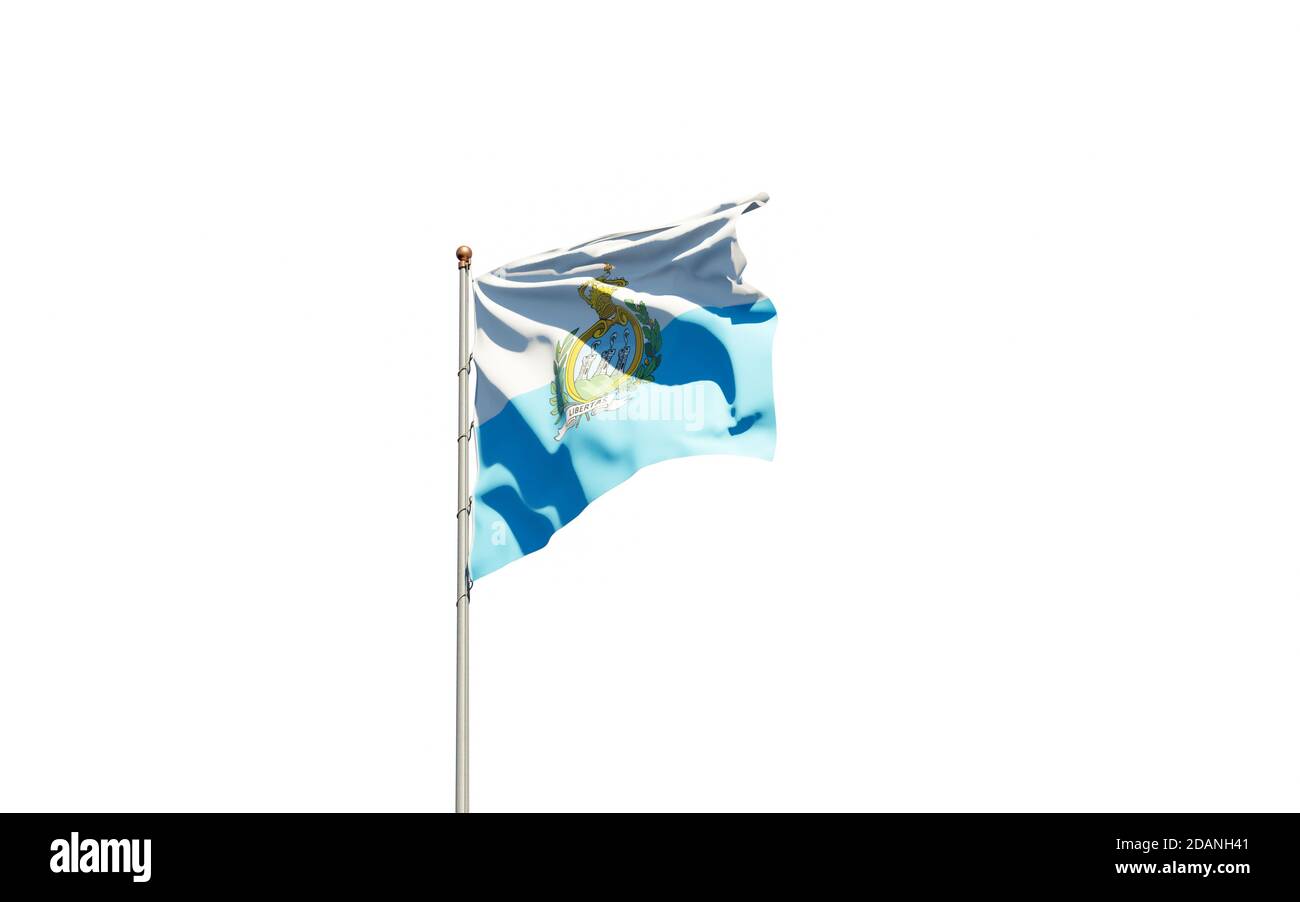 Magnifique drapeau national de Saint-Marin qui flotte sur fond de ciel. Maquette 3D drapeau Saint-Marin en gros plan à faible angle. Banque D'Images