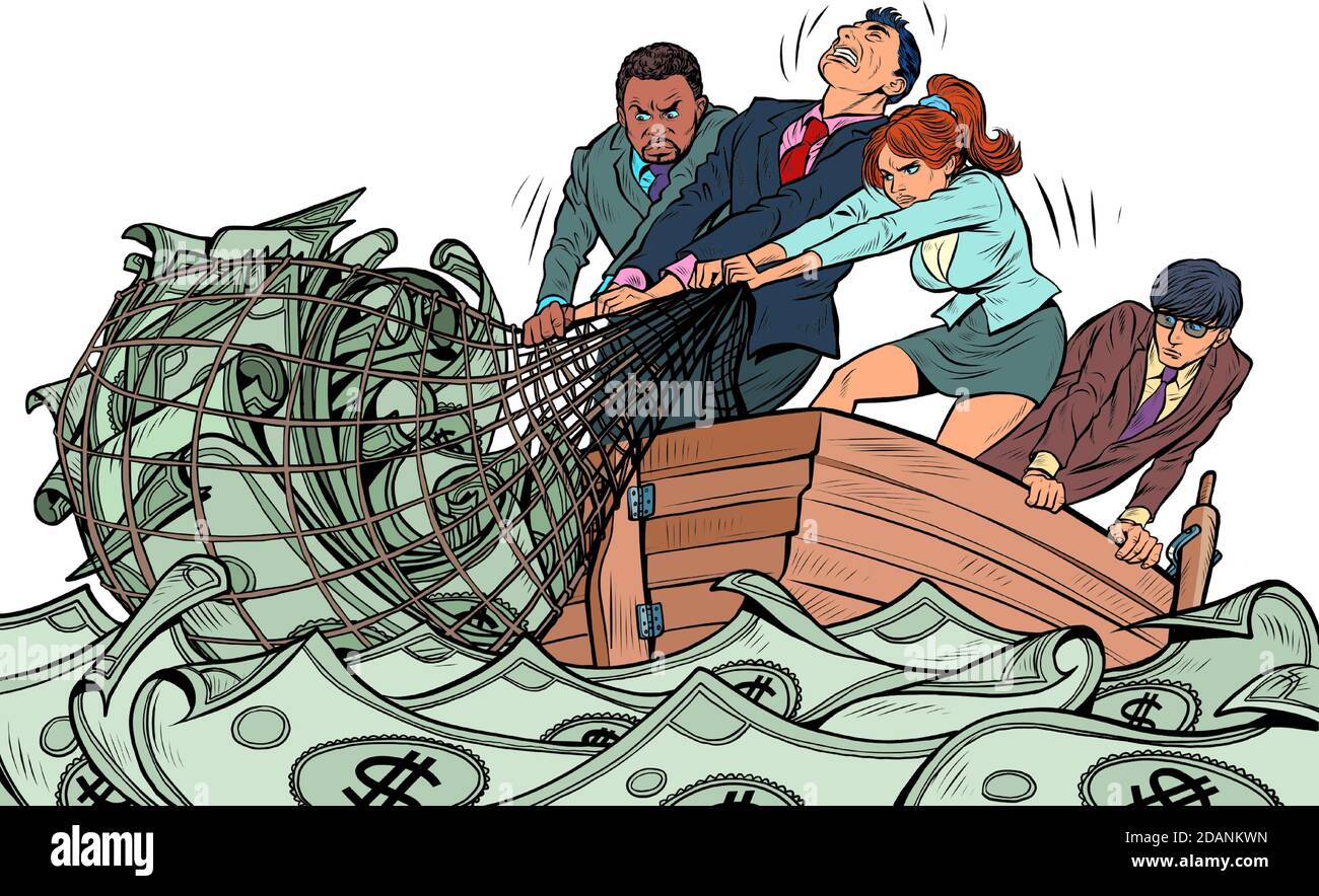 L'équipe d'affaires réalise un profit financier, comme les pêcheurs qui attrapent de l'argent dans un filet Illustration de Vecteur L'équipe d'affaires réalise un profit financier, comme les pêcheurs qui attrapent de l'argent dans un filet Illustration de Vecteur