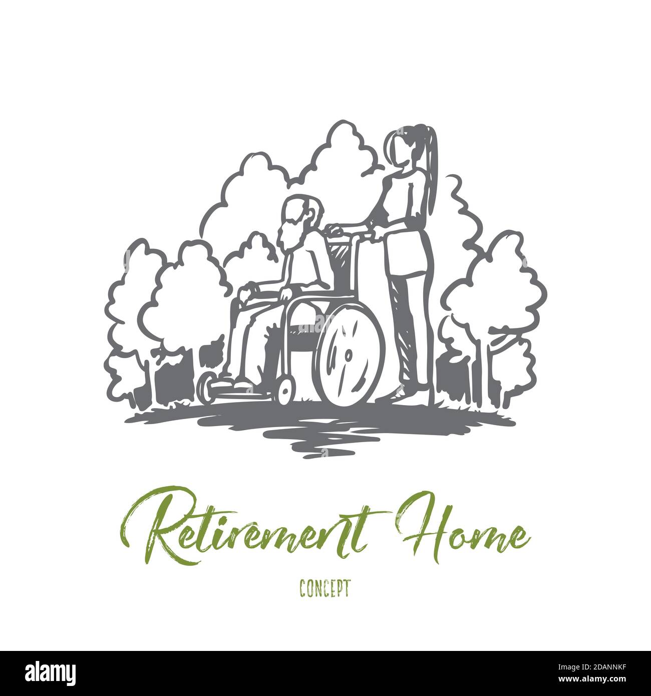 Maison de retraite, vieux, personnes âgées, pensionné, concept de santé. Vecteur isolé tracé à la main. Illustration de Vecteur