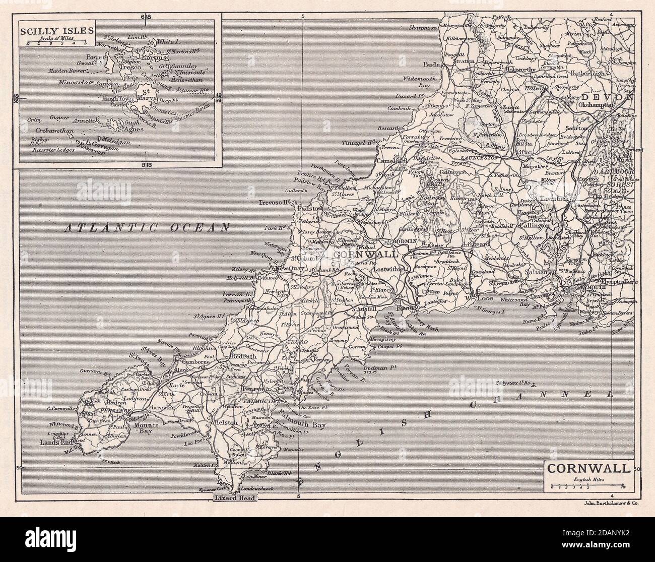 Carte d'époque de Cornwall 1900 Banque D'Images
