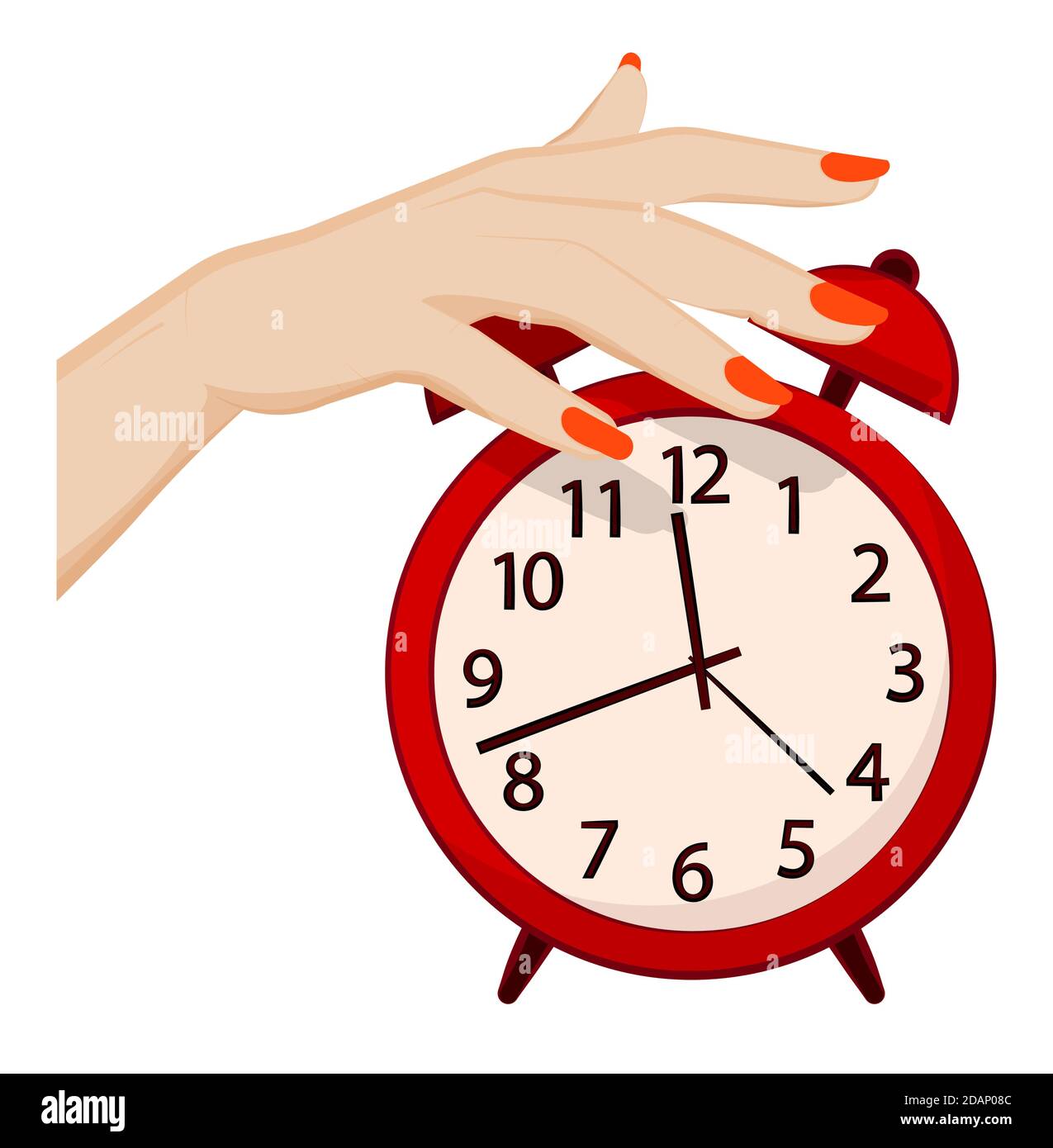 la main féminine éteint l'alarme. Fatigue et insomnie. Concept « heure de réveil ». Vecteur de dessin animé Illustration de Vecteur