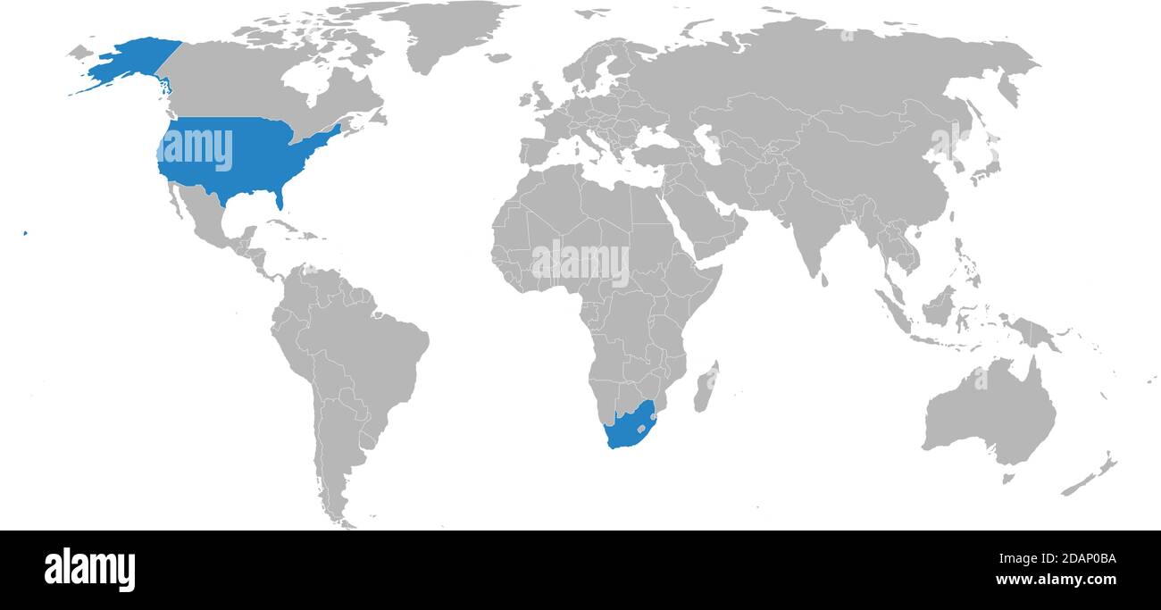 afrique du Sud, États-Unis isolés sur la carte du monde. Arrière-plan gris clair. Concepts d'affaires, relations diplomatiques, commerciales et de transport. Illustration de Vecteur