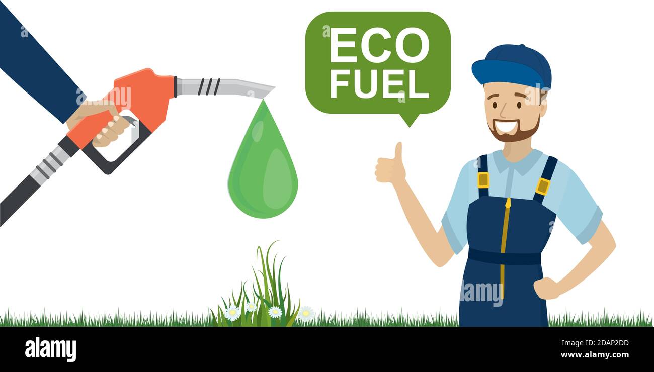 Campagne verte et concept de carburant ECO.pompe à carburant dans la main homme. Illustration de Vecteur