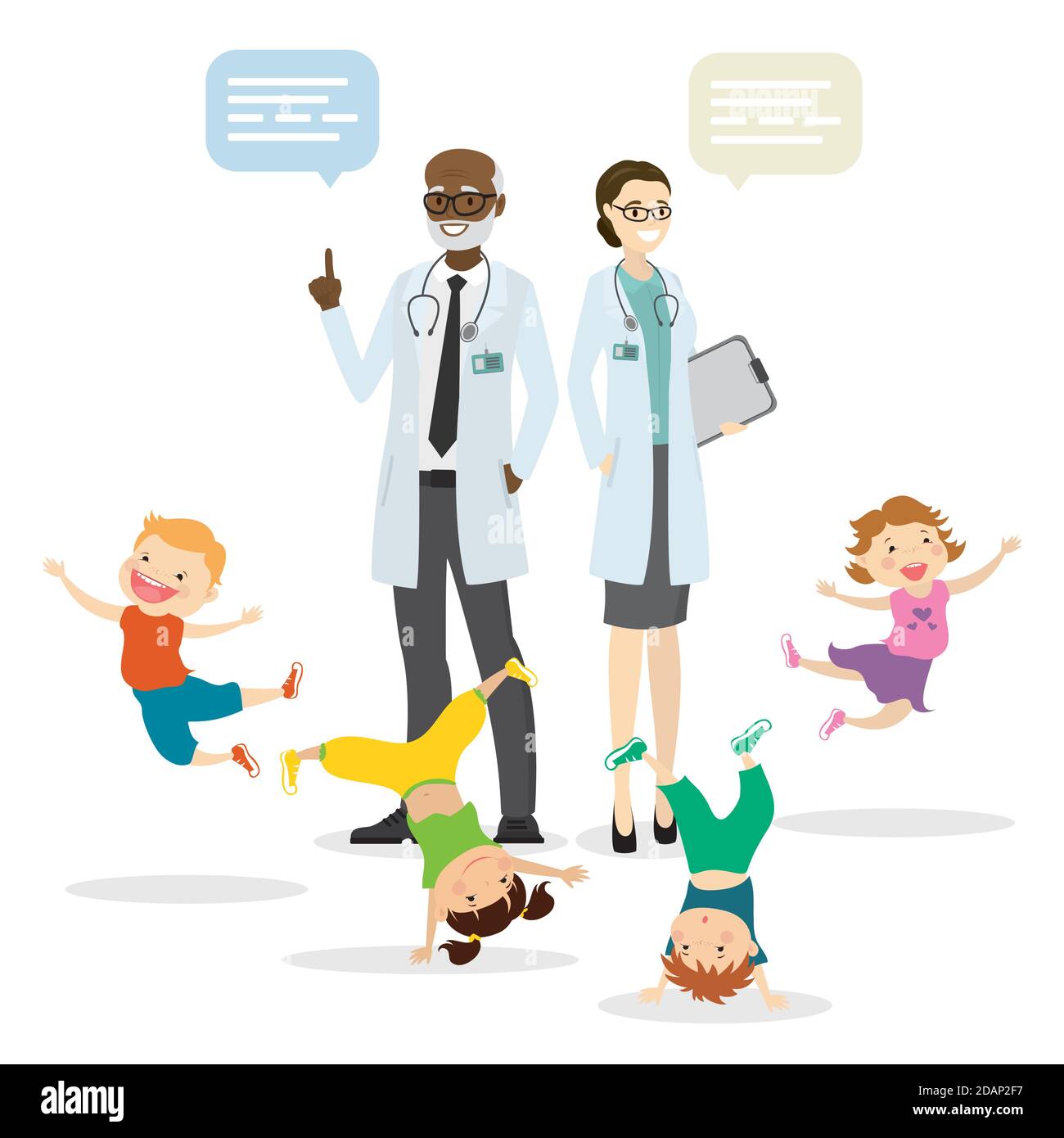 Couple de médecins et heureux enfants actifs, concept de santé des enfants, Illustration de Vecteur