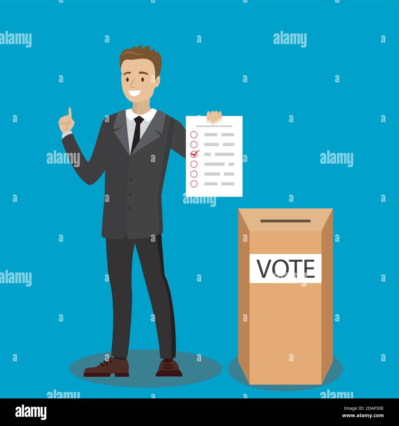Homme caucasien avec feuille de vote et boîte de vote Illustration de Vecteur