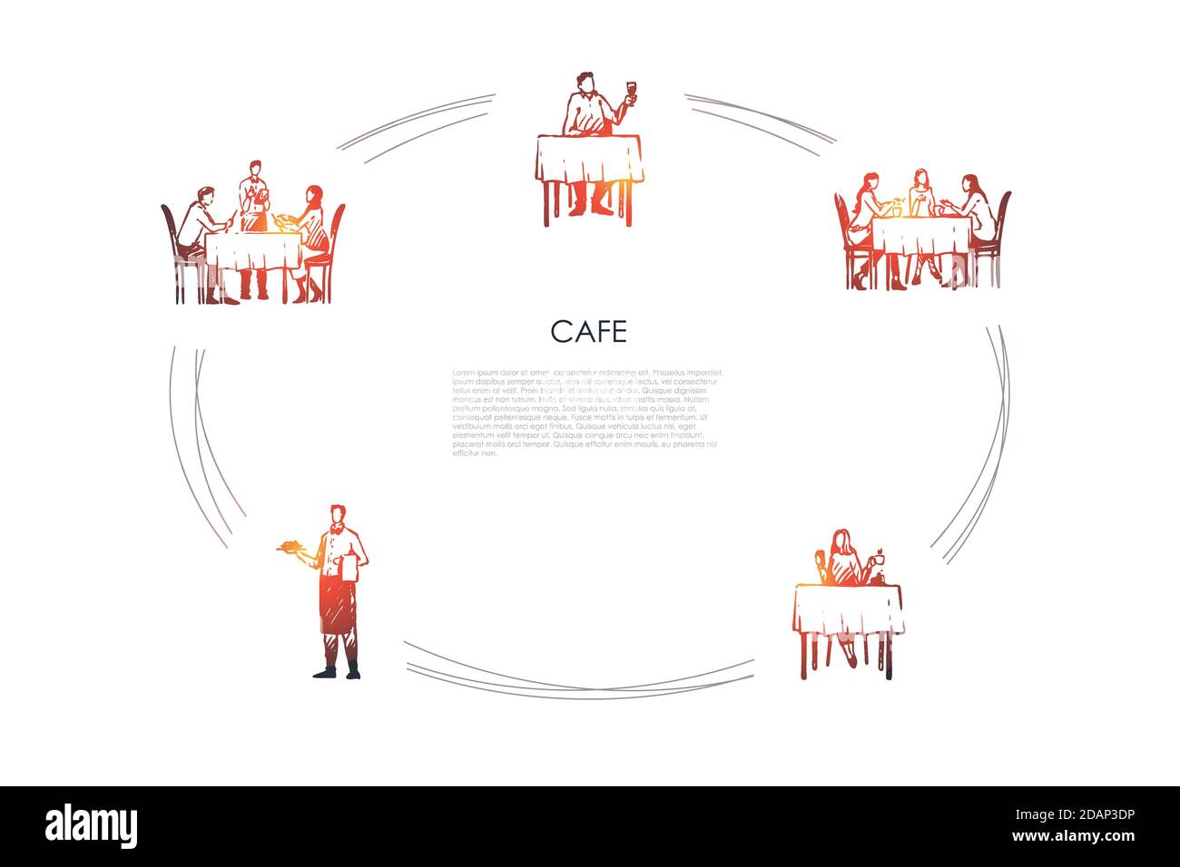 Cafe - les gens qui dînent au restaurant et les serveurs qui s'y trouvent ensemble de concepts vectoriels d'ordres Illustration de Vecteur